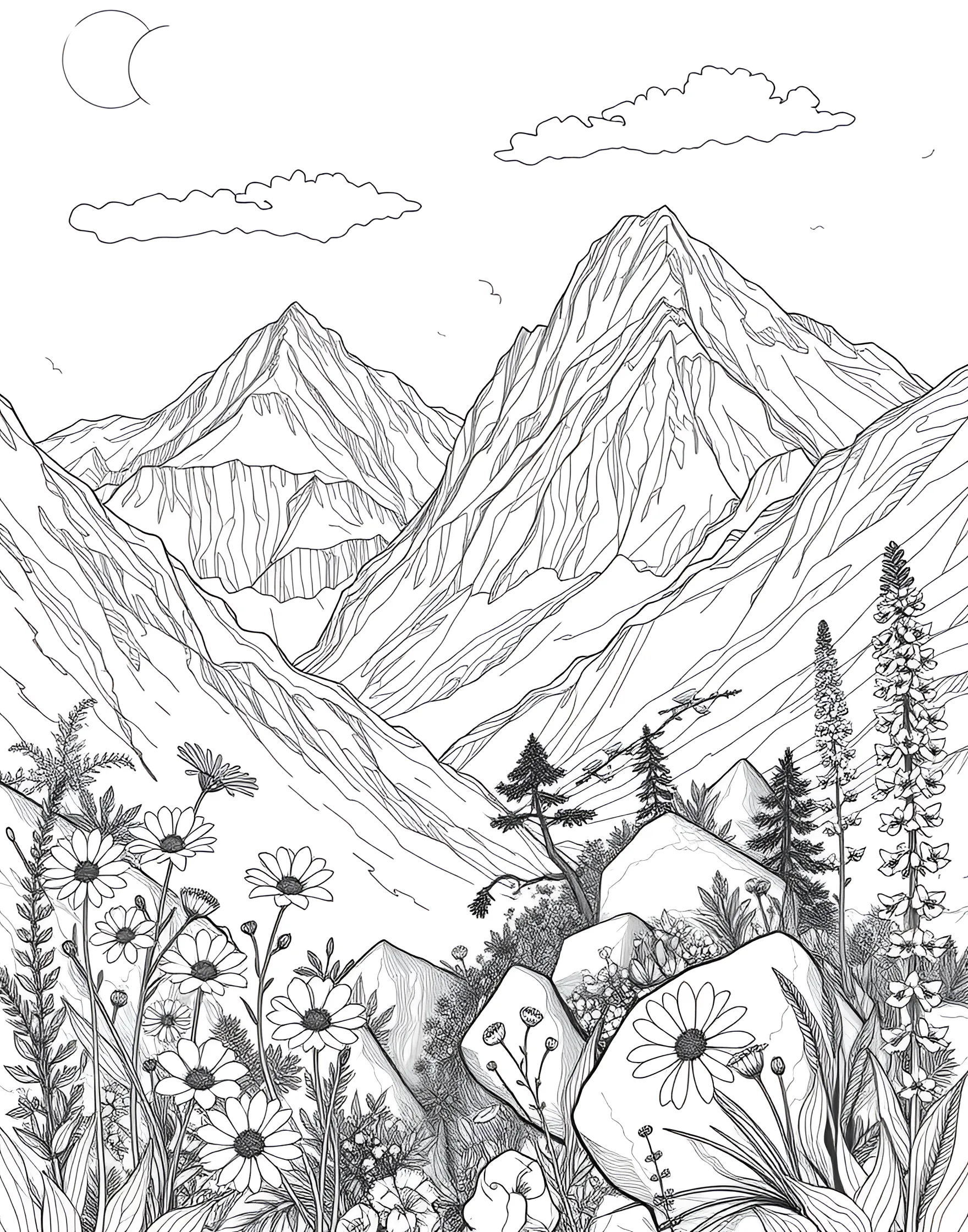 Majestic Mountain Wildflowers Coloring Page -- prompt: "A mountain scene with various wildflowers growing among rocks and boulders." -- Experience the beauty of alpine flora with this majestic mountain wildflowers coloring page. Delicate blooms nestled among rocky outcrops create a stunning natural scene. This page is perfect for those who love combining landscape and floral elements in their coloring adventures.