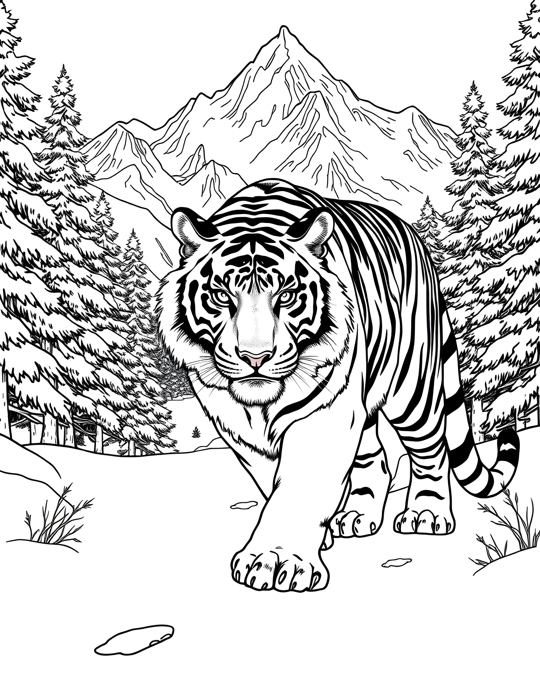 Siberian Tiger in Snowy Landscape Coloring Page -- prompt: "A Siberian tiger walking through a snowy forest with mountains in the background." -- This stunning coloring page showcases a Siberian tiger in its natural winter habitat. The tiger is surrounded by snow-covered trees and mountains, highlighting the beauty of these cold-weather adapted felines. It's a great opportunity to experiment with cool color palettes.