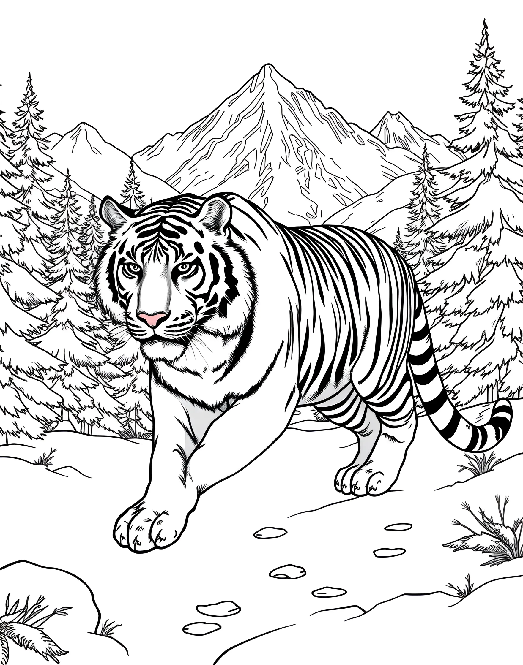 Siberian Tiger in Snowy Landscape Coloring Page -- prompt: "A Siberian tiger walking through a snowy forest with mountains in the background." -- This stunning coloring page showcases a Siberian tiger in its natural winter habitat. The tiger is surrounded by snow-covered trees and mountains, highlighting the beauty of these cold-weather adapted felines. It's a great opportunity to experiment with cool color palettes.