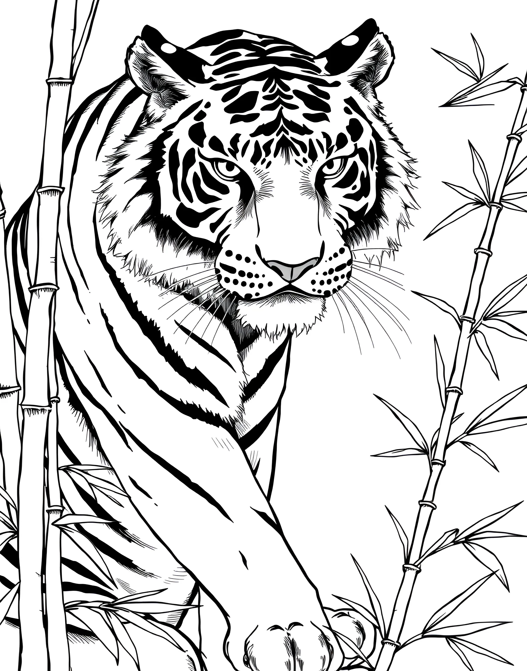 Tiger in a Chinese Painting Style Coloring Page -- prompt: "A tiger drawn in the style of a traditional Chinese ink painting." -- Experience the elegance of traditional Chinese art with this tiger coloring page. The tiger is depicted in a flowing, brush stroke style reminiscent of Chinese ink paintings. This page offers a cultural twist and the opportunity to experiment with a different artistic style.