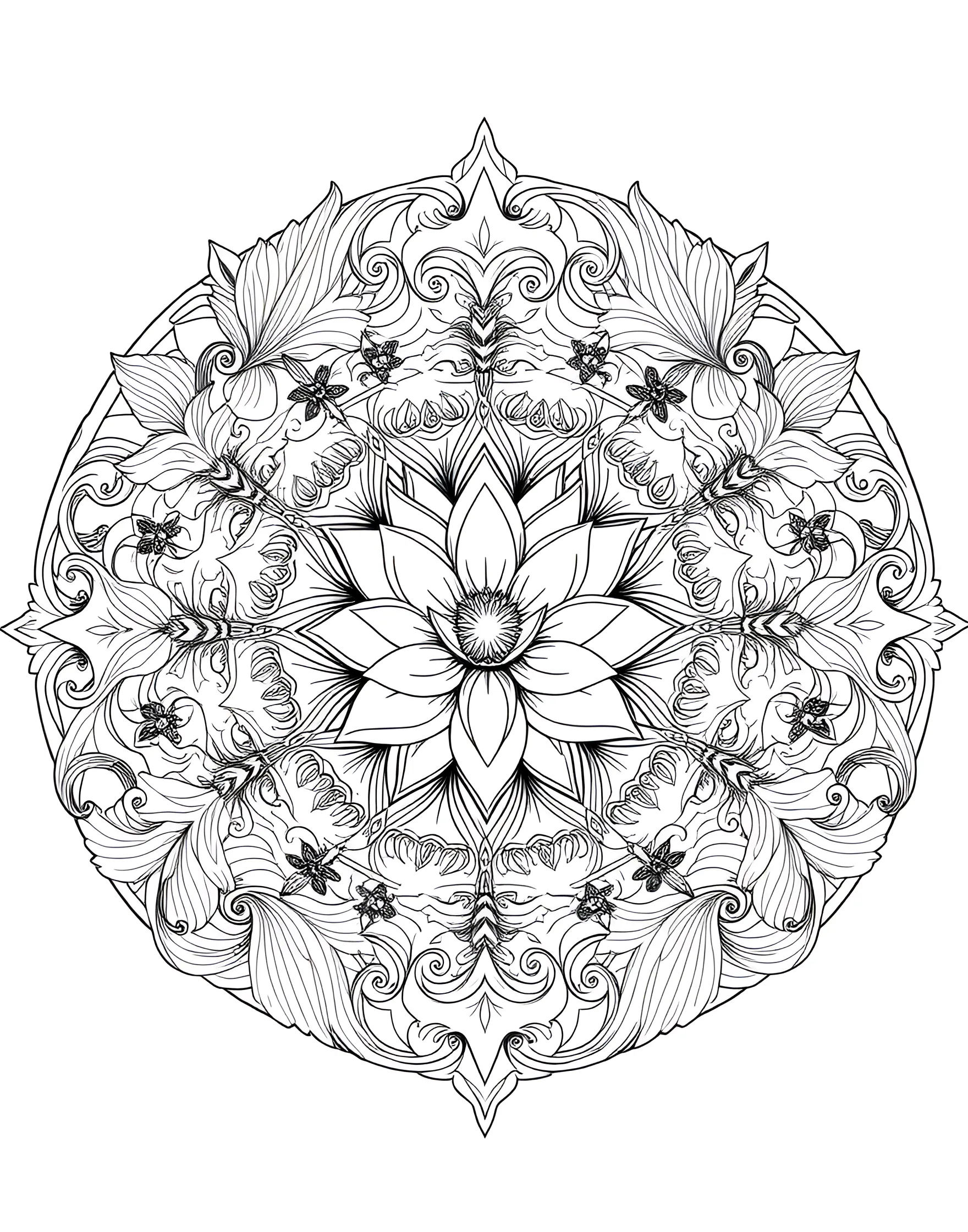 Art Nouveau Elegance Mandala Coloring Page -- prompt: "A circular mandala featuring Art Nouveau style elements, with flowing lines, natural forms, and characteristic whiplash curves." -- Step into the world of Art Nouveau with this elegant mandala. Flowing lines, natural forms, and whiplash curves create a stunning circular design. As you color, you'll bring to life the beauty and grace of this iconic art style.