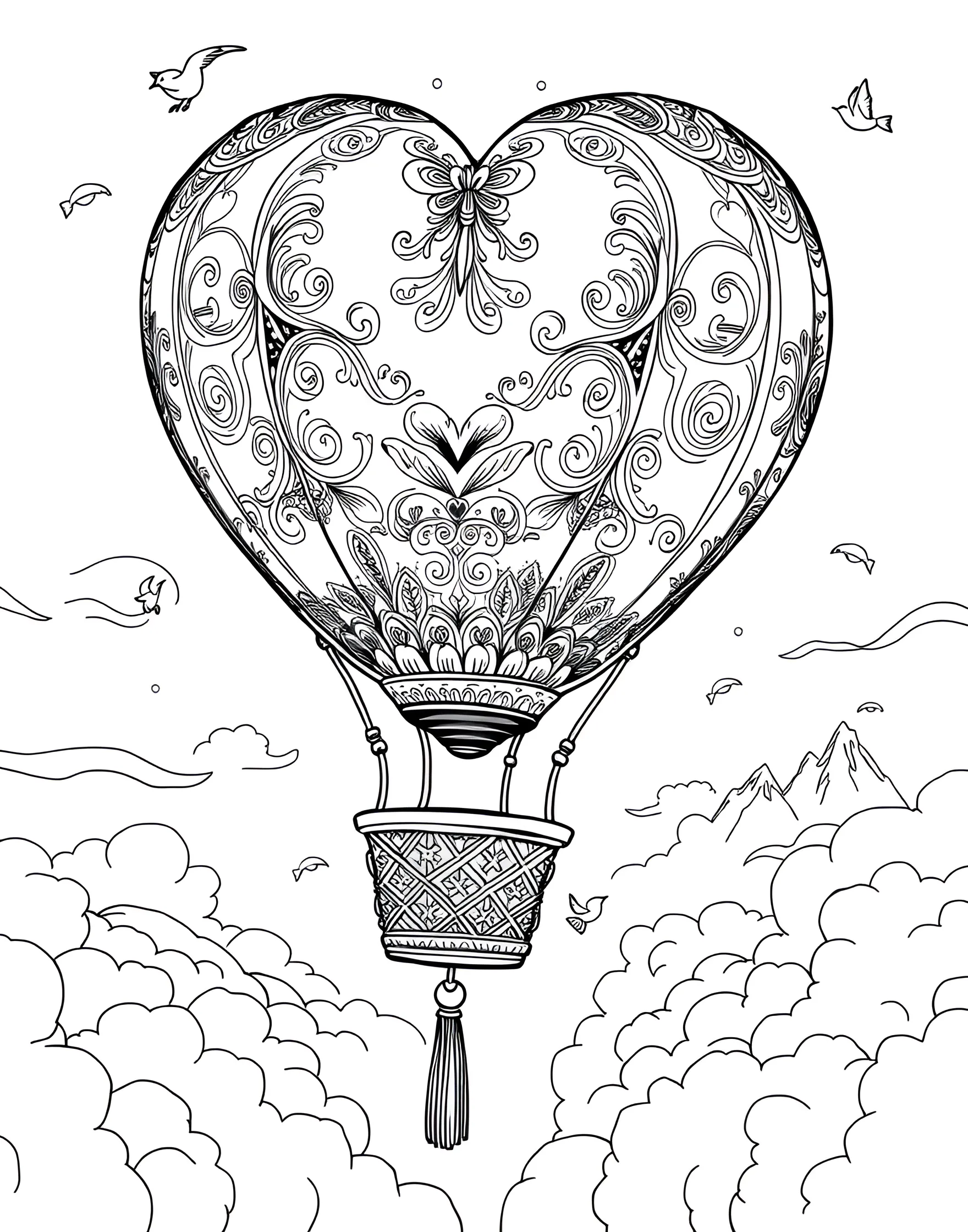 Heart-Shaped Hot Air Balloon Coloring Page -- prompt: "A heart-shaped hot air balloon floating in a cloudy sky with a decorated basket beneath." -- This whimsical coloring page features a hot air balloon in the shape of a heart, floating serenely among the clouds. The balloon's basket is adorned with decorative elements, adding charm to the overall design. This uplifting and dreamy scene is perfect for those who love combining romance with a sense of adventure.