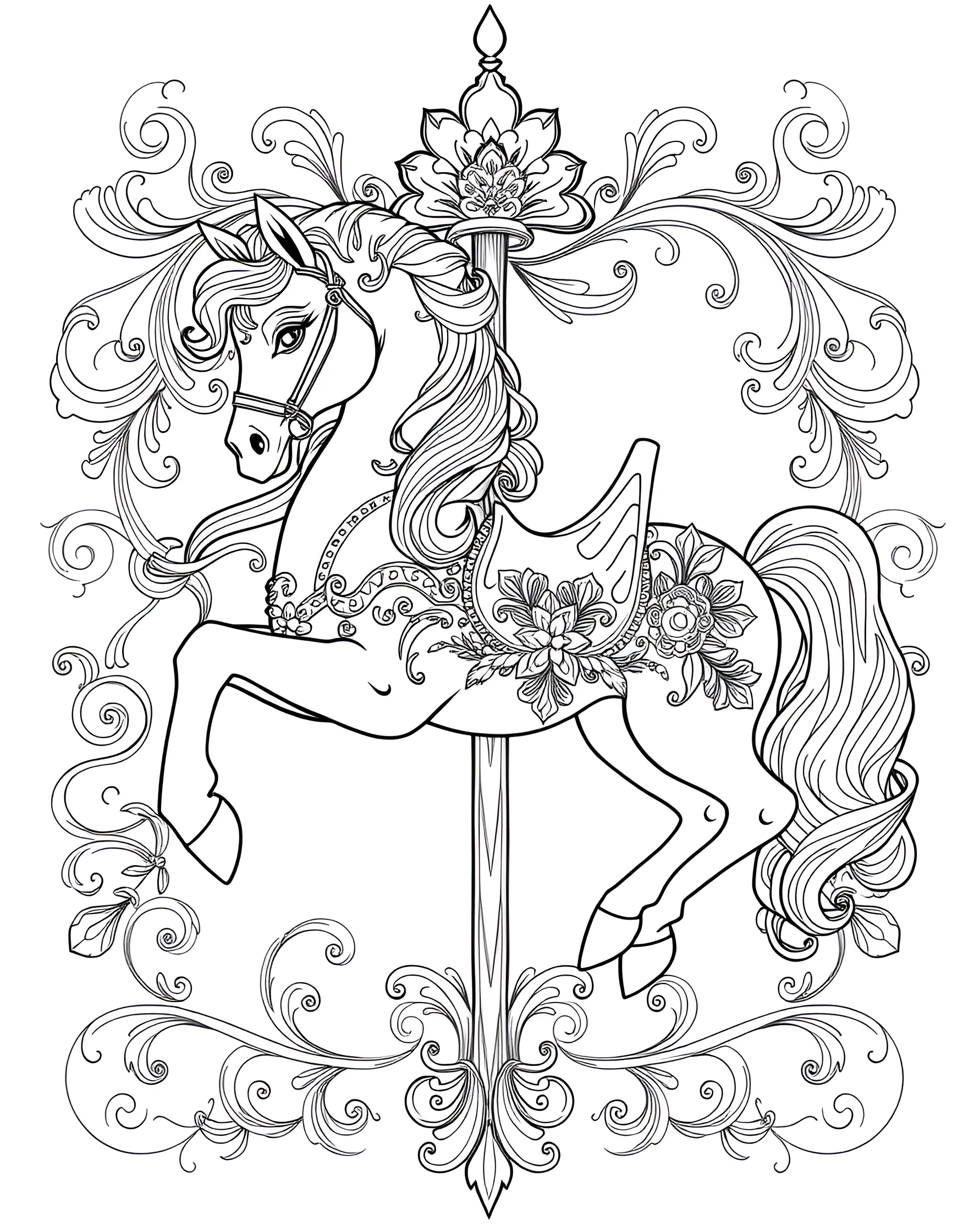 Whimsical Carousel Horse Coloring Page -- prompt: "A beautifully decorated carousel horse with ornate details, ribbons, and a fancy saddle, surrounded by swirling patterns." -- Step into a world of fantasy with this enchanting carousel horse coloring page. The ornate horse is adorned with intricate decorations, flowing ribbons, and a fancy saddle, offering a delightful challenge for detail-oriented colorists. Swirling designs in the background hint at the motion of the carousel, adding to the magical atmosphere.