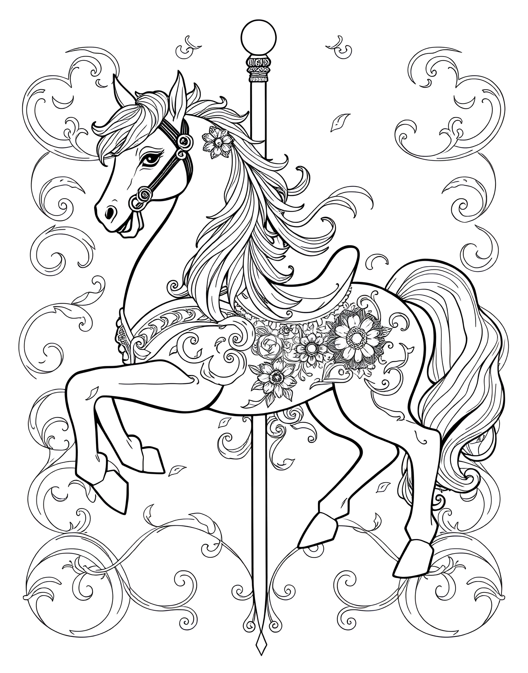 Whimsical Carousel Horse Coloring Page -- prompt: "A beautifully decorated carousel horse with ornate details, ribbons, and a fancy saddle, surrounded by swirling patterns." -- Step into a world of fantasy with this enchanting carousel horse coloring page. The ornate horse is adorned with intricate decorations, flowing ribbons, and a fancy saddle, offering a delightful challenge for detail-oriented colorists. Swirling designs in the background hint at the motion of the carousel, adding to the magical atmosphere.