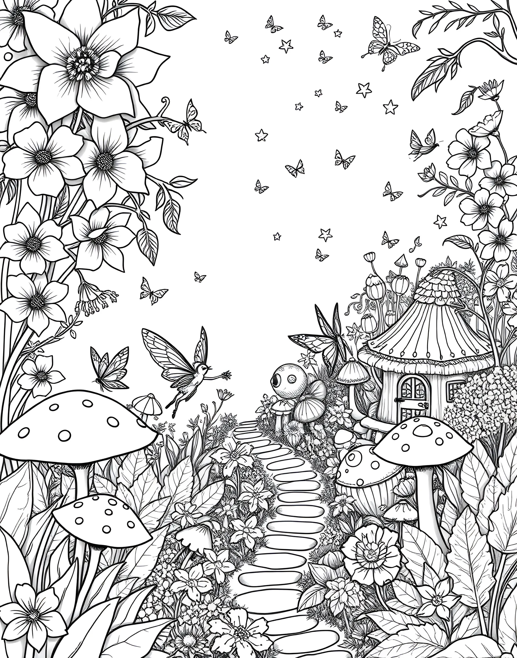 Whimsical Flower Fairy Garden Coloring Page -- prompt: "A magical garden scene with flowers, toadstools, and small fairies flying among the blooms." -- Enter a magical world with this whimsical flower fairy garden coloring page. Tiny fairies flit among oversized blooms, creating a fantastical scene ripe for imagination. This page is perfect for adding a touch of magic to your coloring routine and is sure to delight both children and adults.