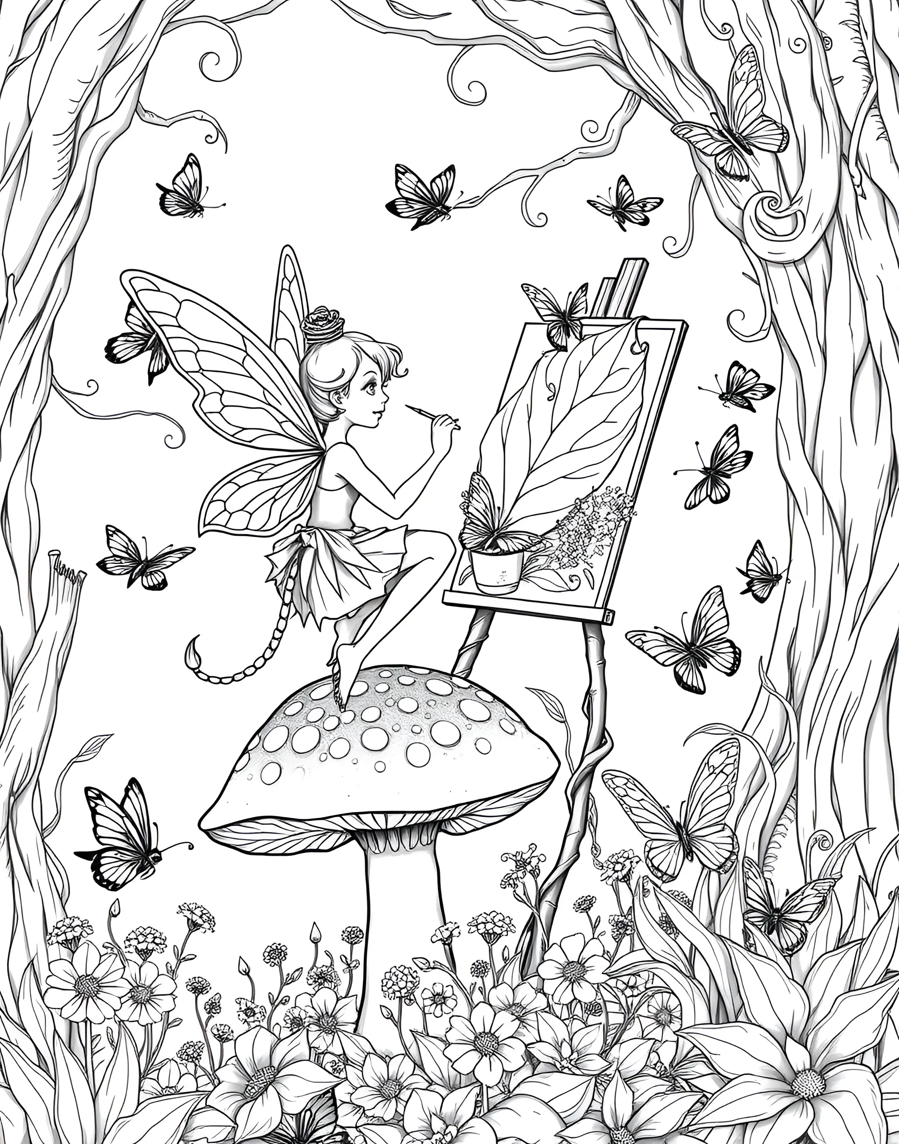 Fairy Painter Creating a Flower Mural Coloring Page -- prompt: "A fairy artist painting a mural on a large leaf using dewdrops and flower pollen, surrounded by pots of natural pigments and a twig easel." -- Art comes to life in this creative coloring page featuring a fairy artist at work. The fairy uses dewdrops and flower pollen as paint to create a stunning mural on a large leaf canvas. Surrounding the artist are pots of colorful natural pigments and an easel made from twigs, offering a delightful scene for color enthusiasts.