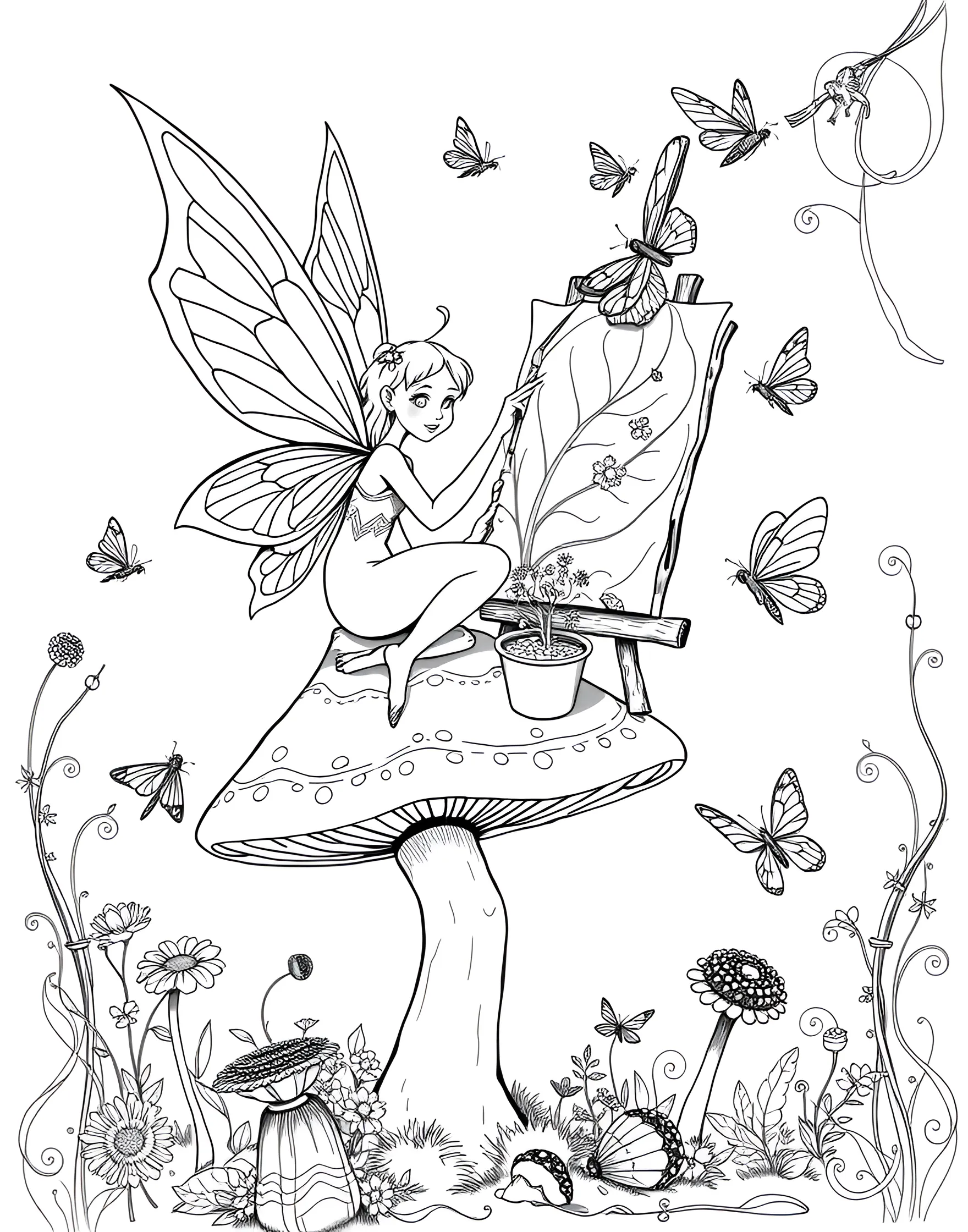 Fairy Painter Creating a Flower Mural Coloring Page -- prompt: "A fairy artist painting a mural on a large leaf using dewdrops and flower pollen, surrounded by pots of natural pigments and a twig easel." -- Art comes to life in this creative coloring page featuring a fairy artist at work. The fairy uses dewdrops and flower pollen as paint to create a stunning mural on a large leaf canvas. Surrounding the artist are pots of colorful natural pigments and an easel made from twigs, offering a delightful scene for color enthusiasts.