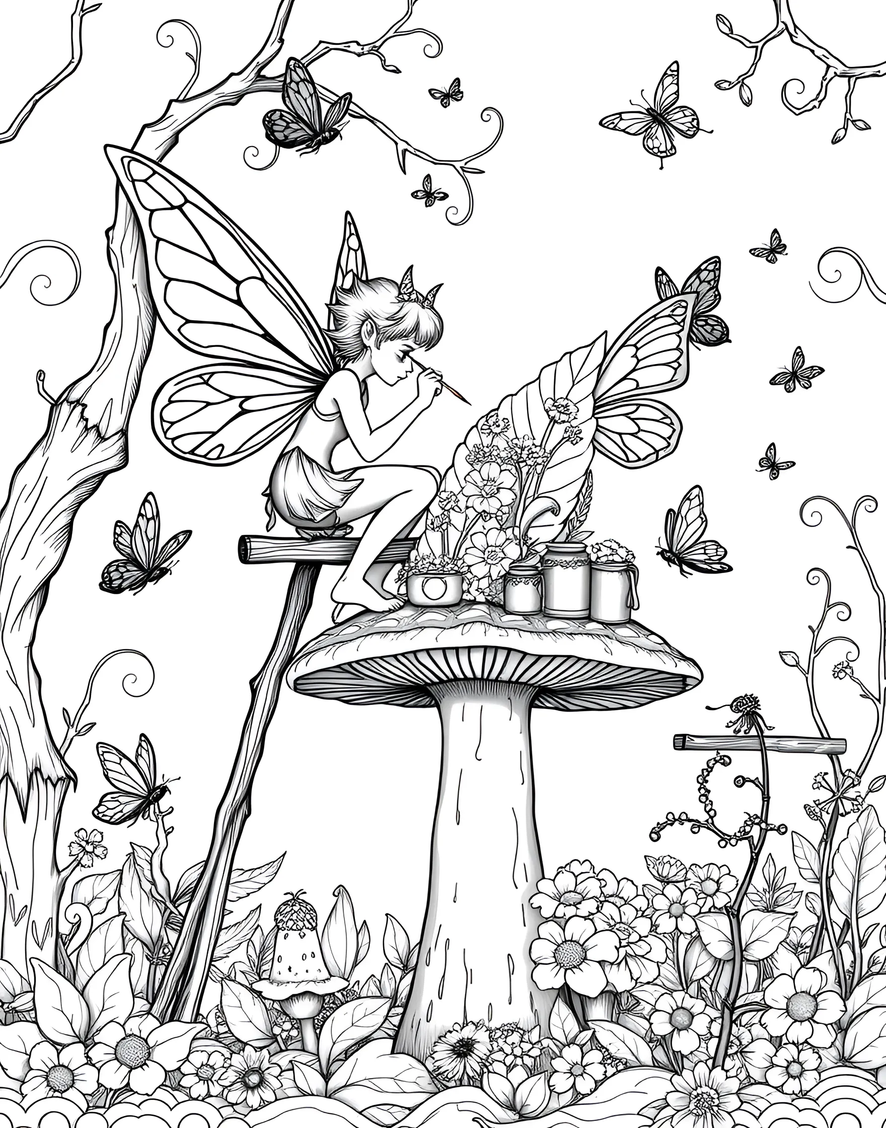 Fairy Painter Creating a Flower Mural Coloring Page -- prompt: "A fairy artist painting a mural on a large leaf using dewdrops and flower pollen, surrounded by pots of natural pigments and a twig easel." -- Art comes to life in this creative coloring page featuring a fairy artist at work. The fairy uses dewdrops and flower pollen as paint to create a stunning mural on a large leaf canvas. Surrounding the artist are pots of colorful natural pigments and an easel made from twigs, offering a delightful scene for color enthusiasts.