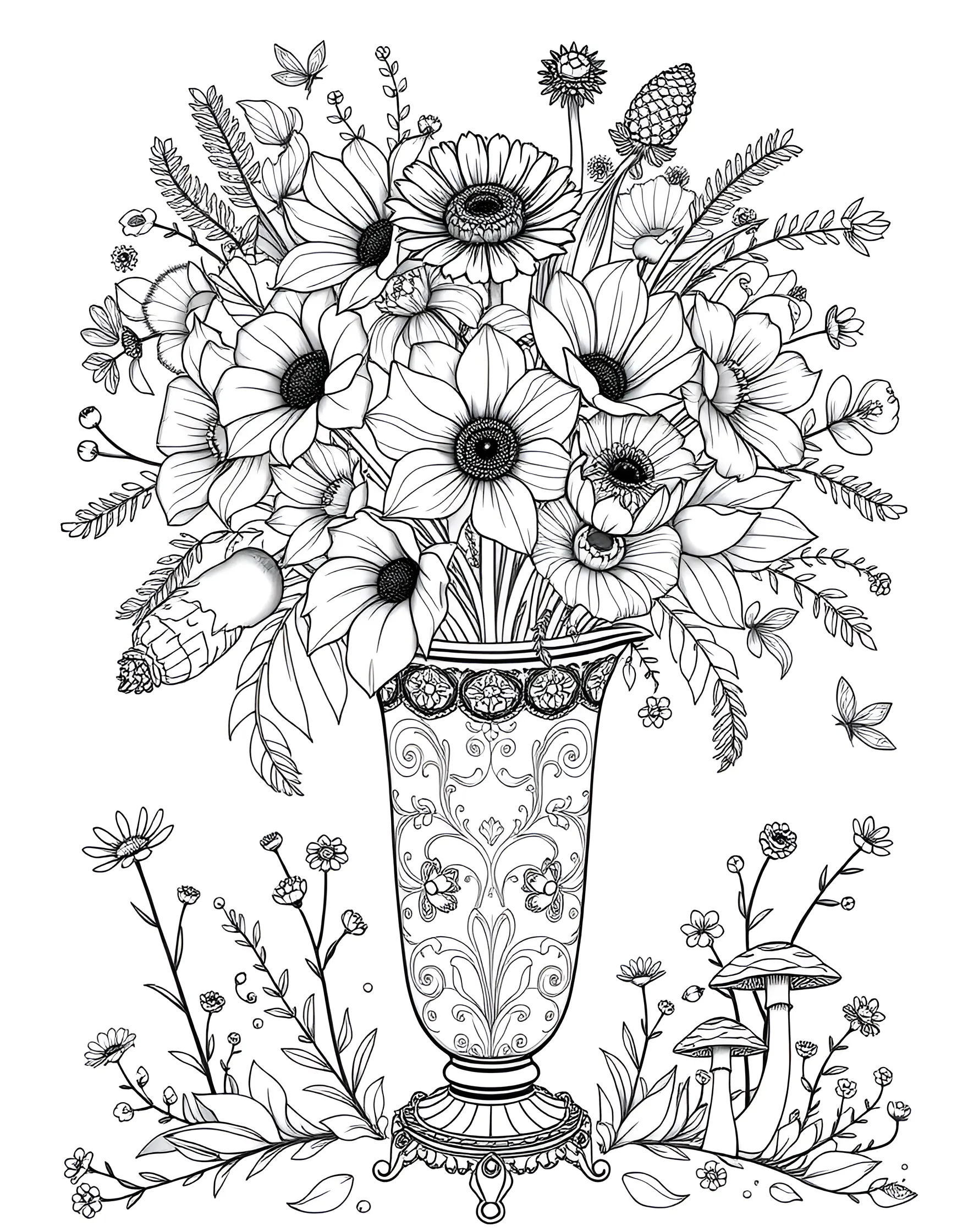 Enchanted Garden Bouquet Coloring Page -- prompt: "A lush bouquet of various flowers in a decorative vase, set in an enchanted garden." -- Immerse yourself in a world of floral beauty with this enchanting garden bouquet. Featuring a variety of flowers, from roses to daisies, this page offers a delightful mix of shapes and sizes to color. Let your creativity blossom as you bring this magical arrangement to life with your favorite hues.