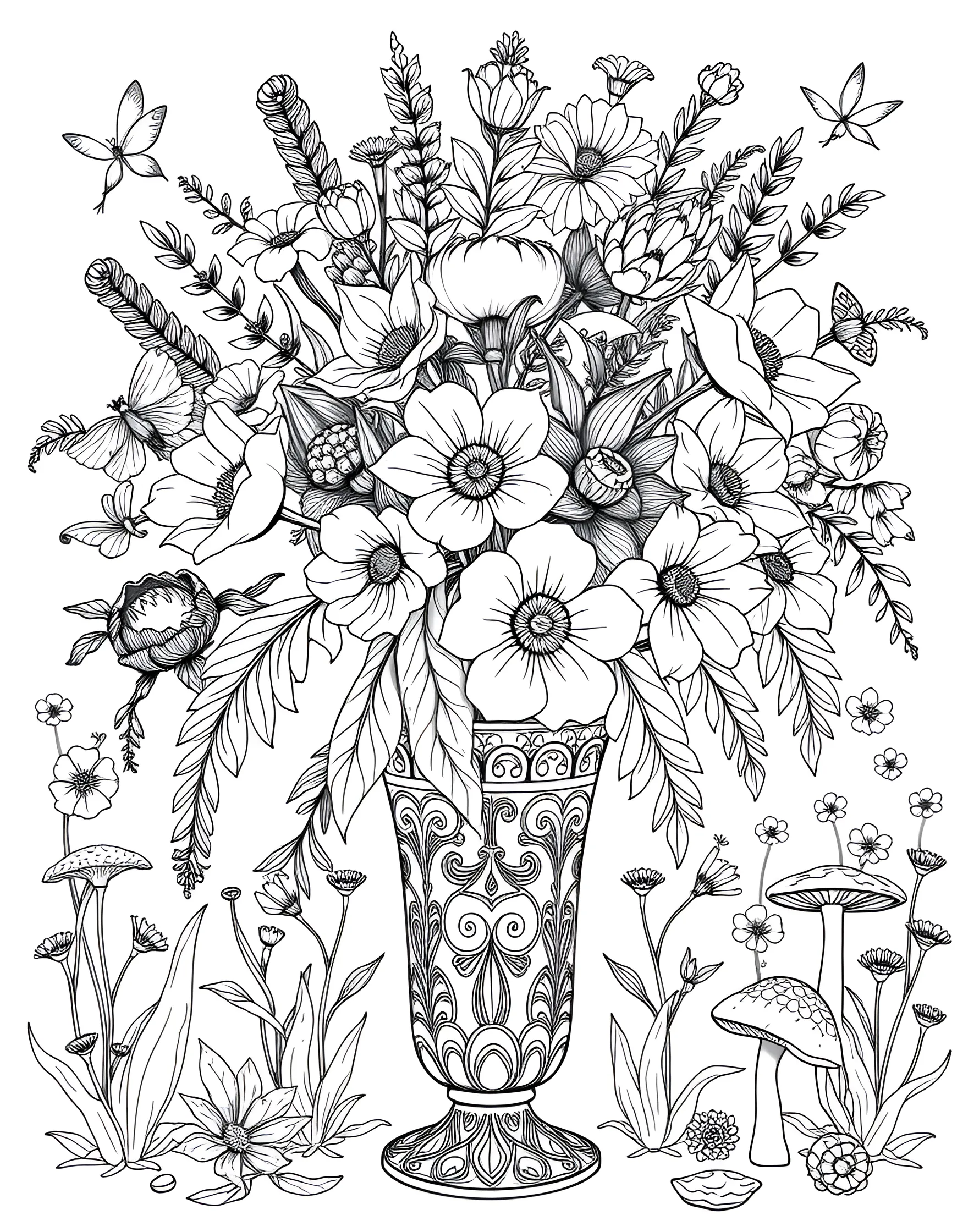 Enchanted Garden Bouquet Coloring Page -- prompt: "A lush bouquet of various flowers in a decorative vase, set in an enchanted garden." -- Immerse yourself in a world of floral beauty with this enchanting garden bouquet. Featuring a variety of flowers, from roses to daisies, this page offers a delightful mix of shapes and sizes to color. Let your creativity blossom as you bring this magical arrangement to life with your favorite hues.