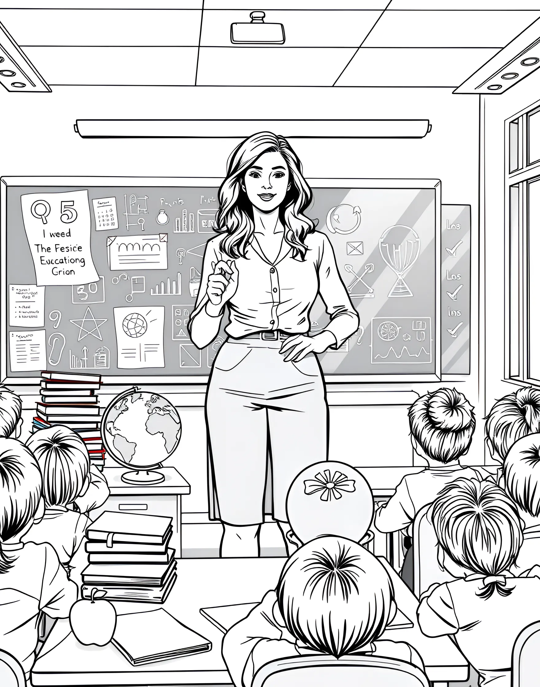 Young Teacher in the Classroom Coloring Page -- prompt: "A girl teacher standing in front of a classroom with a blackboard and educational materials." -- Celebrate the joy of learning with this inspiring teacher coloring page. A young girl stands at the front of a classroom, pointing to a blackboard filled with educational elements. The classroom setting, complete with desks, books, and learning materials, provides numerous details for creative coloring.