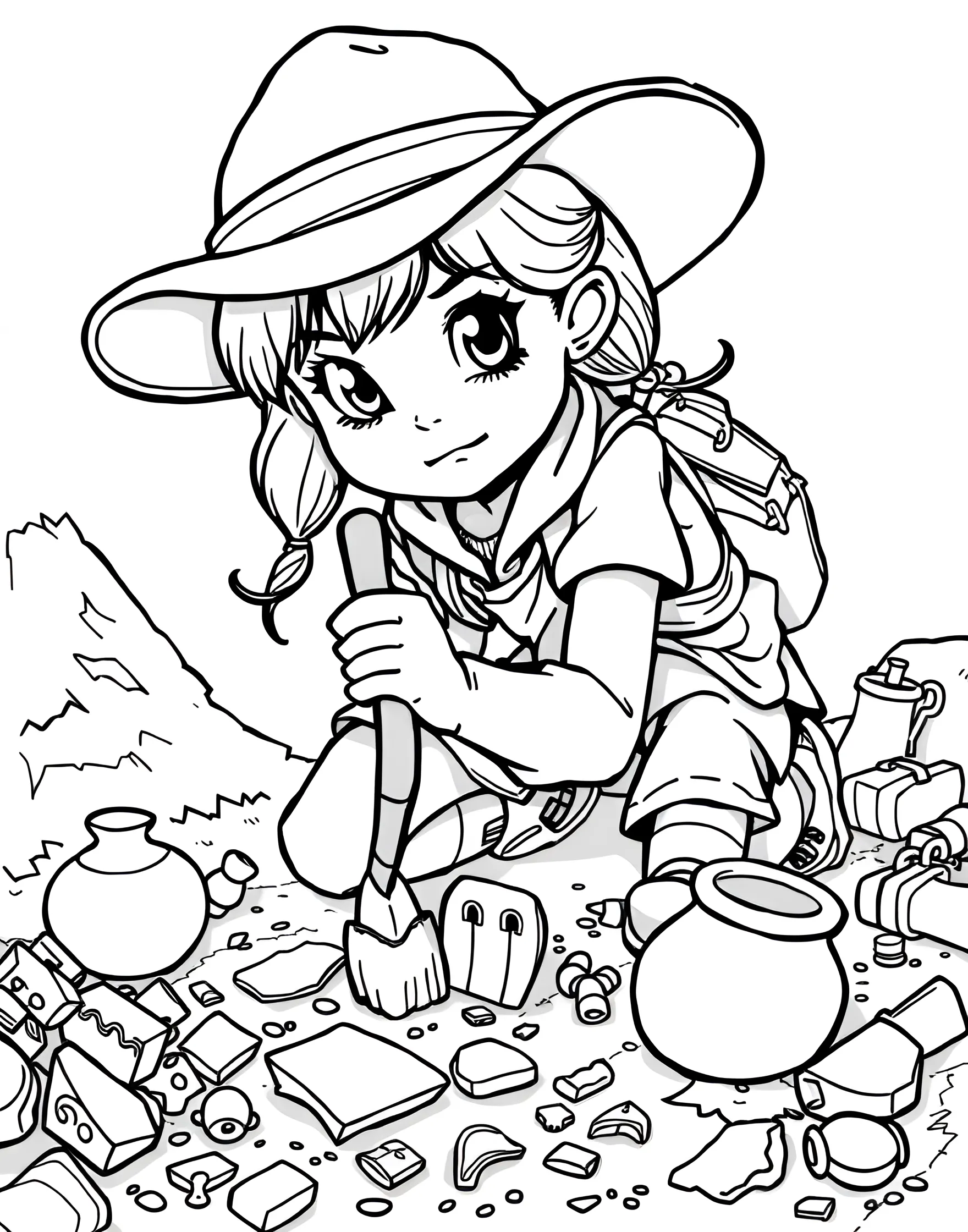 Girl Archaeologist on a Dig Coloring Page -- prompt: "A girl archaeologist excavating artifacts at an archaeological dig site with tools and ancient objects." -- Uncover the secrets of the past with this exciting archaeologist coloring page. A young girl carefully excavates ancient artifacts at a dig site, surrounded by tools and partially unearthed treasures. The detailed scene offers plenty of opportunities for creative coloring while sparking interest in history and archaeology.