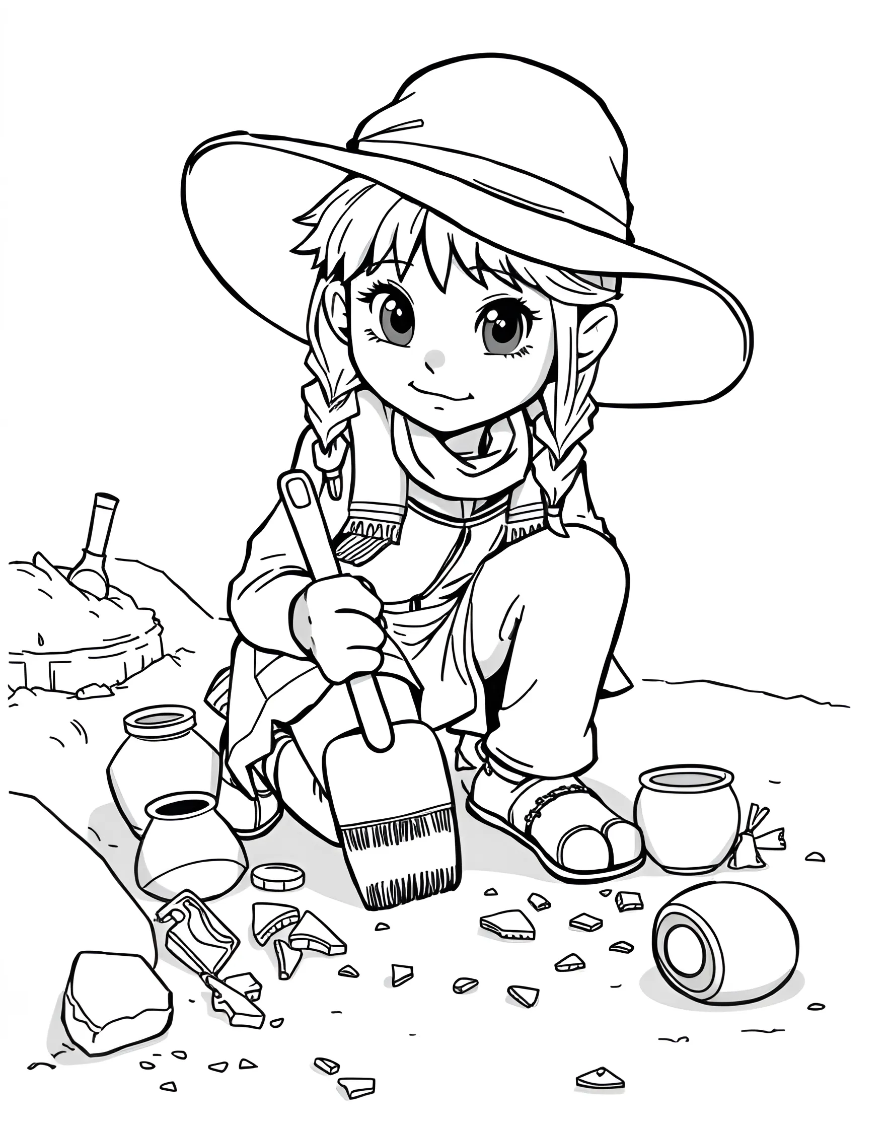 Girl Archaeologist on a Dig Coloring Page -- prompt: "A girl archaeologist excavating artifacts at an archaeological dig site with tools and ancient objects." -- Uncover the secrets of the past with this exciting archaeologist coloring page. A young girl carefully excavates ancient artifacts at a dig site, surrounded by tools and partially unearthed treasures. The detailed scene offers plenty of opportunities for creative coloring while sparking interest in history and archaeology.