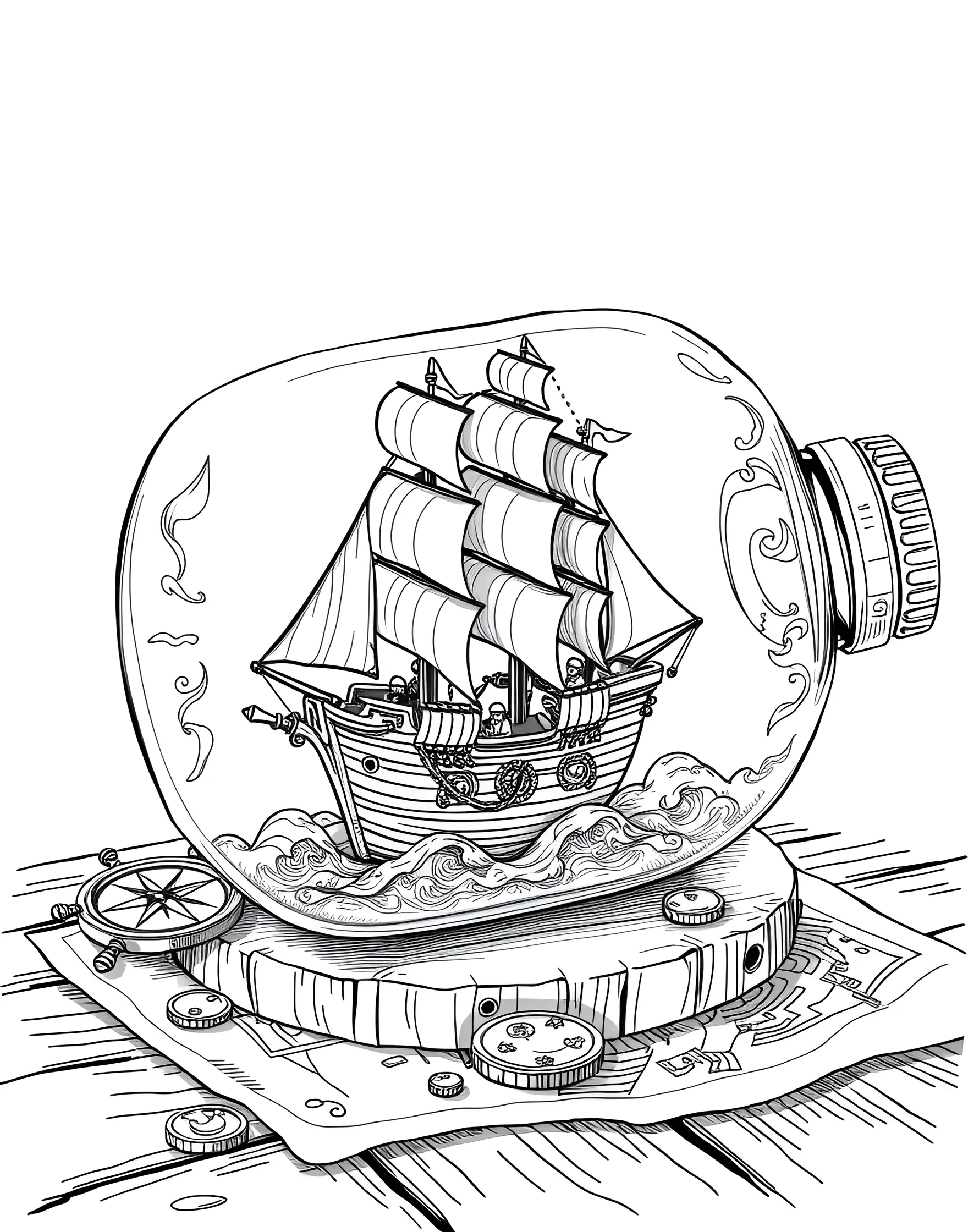 Pirate Ship in a Bottle Coloring Page -- prompt: "A detailed miniature pirate ship inside a clear glass bottle." -- Admire the delicate craftsmanship of a pirate ship in a bottle with this intricate coloring page. The miniature ship, complete with tiny sails and rigging, sits inside a glass bottle. This page combines the excitement of piracy with the patience of model-making.