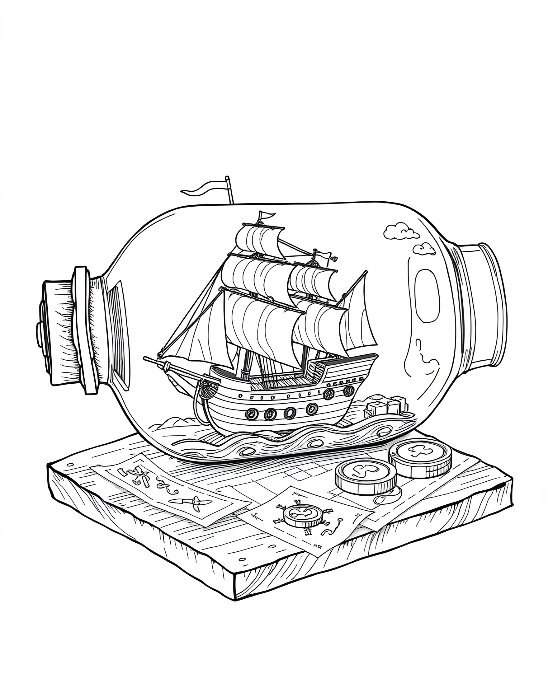 Pirate Ship in a Bottle Coloring Page -- prompt: "A detailed miniature pirate ship inside a clear glass bottle." -- Admire the delicate craftsmanship of a pirate ship in a bottle with this intricate coloring page. The miniature ship, complete with tiny sails and rigging, sits inside a glass bottle. This page combines the excitement of piracy with the patience of model-making.