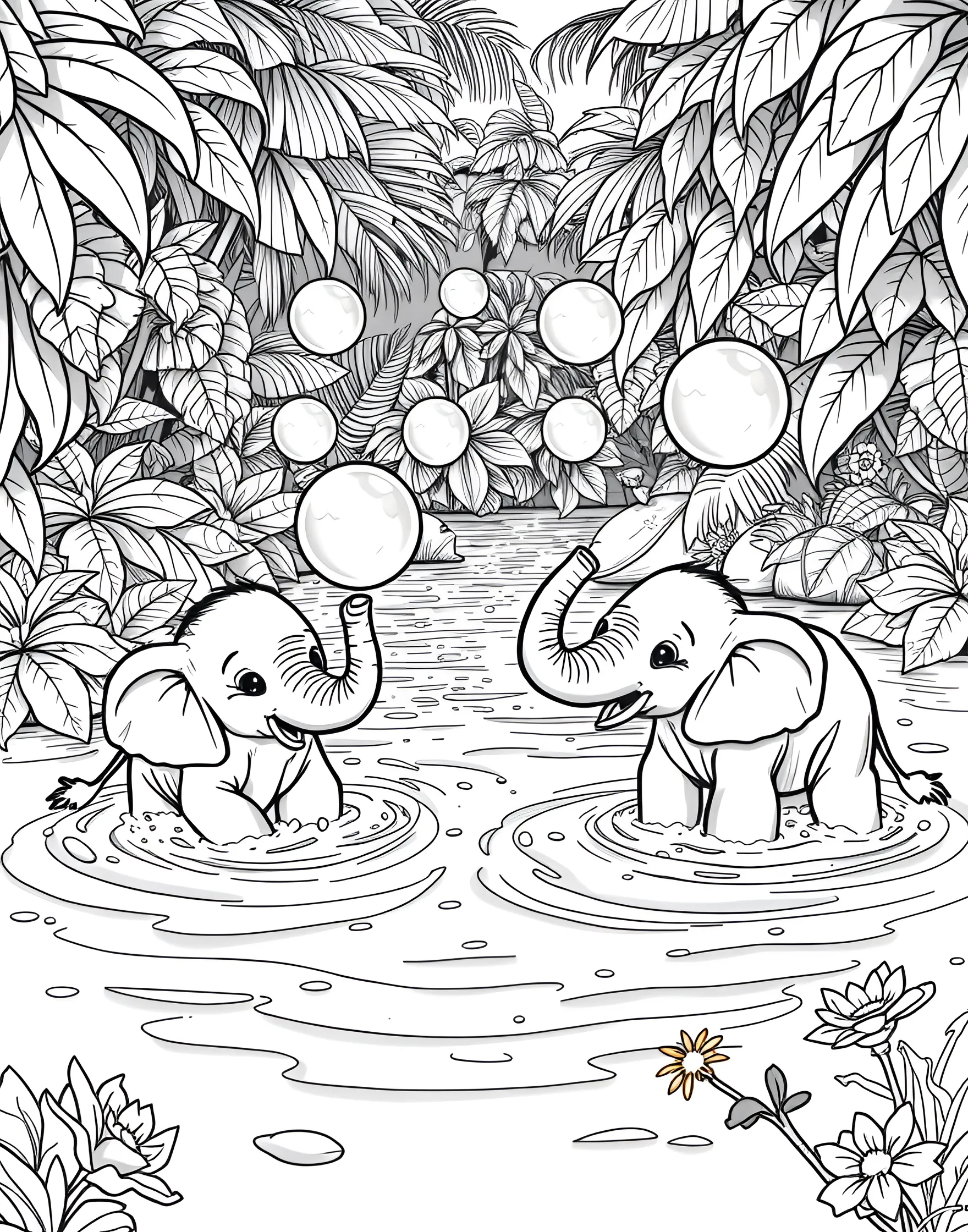 Elephant's Bubble Bath Bonanza Coloring Page -- prompt: "Cute elephants taking a bubble bath in a jungle river with lots of bubbles and water play." -- Make a splash with this delightful coloring page featuring elephants having a bubble bath in a jungle river. The scene shows playful elephants spraying water with their trunks, blowing bubbles, and helping each other scrub. It's a joyful and cute depiction of elephant playtime that's full of bubbly fun.