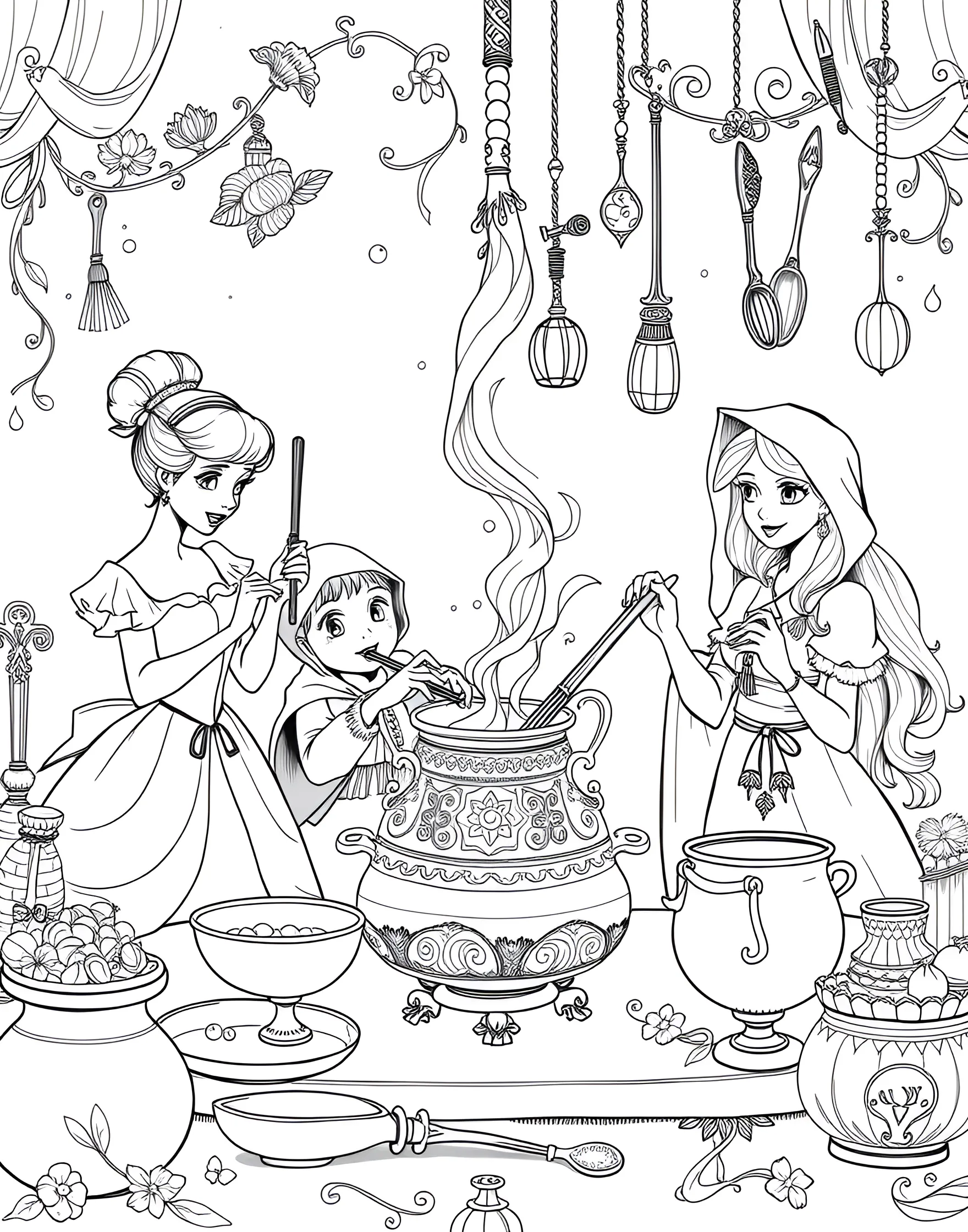 Fairy Tale Cooking Show Coloring Page -- prompt: "Fairy tale characters participating in a magical cooking show with enchanted kitchen utensils." -- This delightful coloring page brings fairy tale characters into the world of culinary arts with a magical cooking show. Cinderella whips up pumpkin soup, Little Red Riding Hood bakes wolf-shaped cookies, and the Three Little Pigs judge a house-building contest with edible materials. The enchanted kitchen is filled with talking utensils and magical ingredients, creating a fun fusion of stories and cooking.