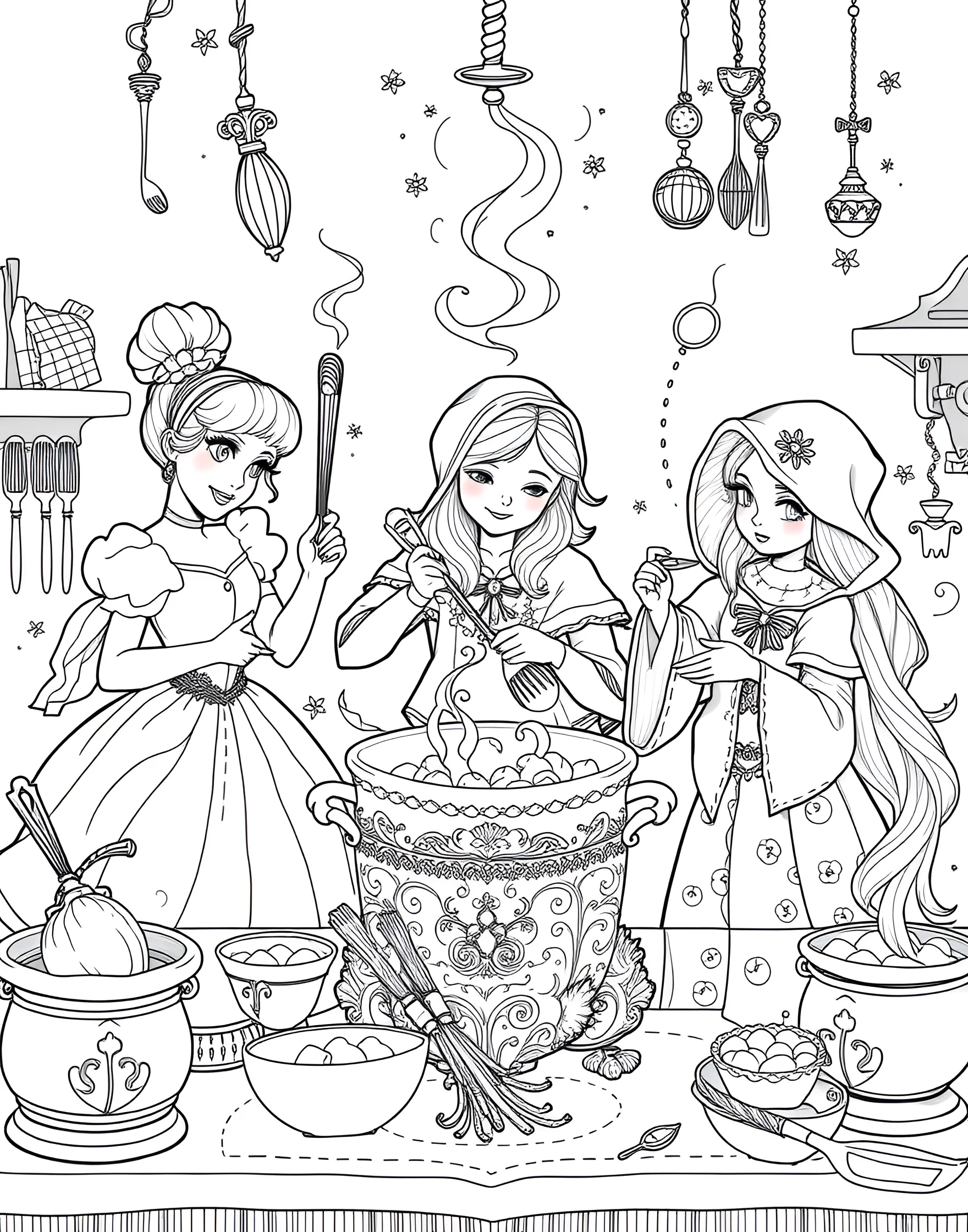 Fairy Tale Cooking Show Coloring Page -- prompt: "Fairy tale characters participating in a magical cooking show with enchanted kitchen utensils." -- This delightful coloring page brings fairy tale characters into the world of culinary arts with a magical cooking show. Cinderella whips up pumpkin soup, Little Red Riding Hood bakes wolf-shaped cookies, and the Three Little Pigs judge a house-building contest with edible materials. The enchanted kitchen is filled with talking utensils and magical ingredients, creating a fun fusion of stories and cooking.