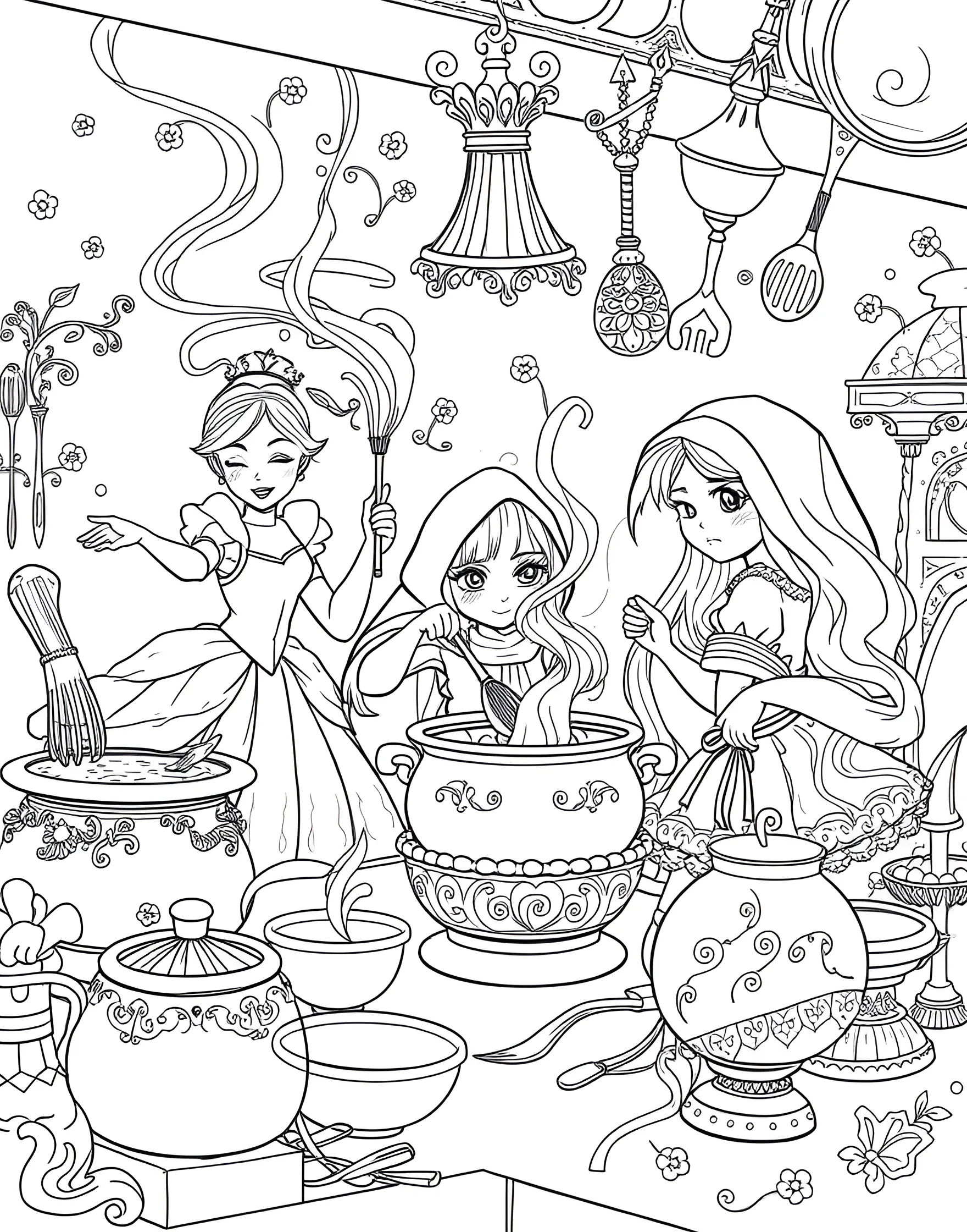 Fairy Tale Cooking Show Coloring Page -- prompt: "Fairy tale characters participating in a magical cooking show with enchanted kitchen utensils." -- This delightful coloring page brings fairy tale characters into the world of culinary arts with a magical cooking show. Cinderella whips up pumpkin soup, Little Red Riding Hood bakes wolf-shaped cookies, and the Three Little Pigs judge a house-building contest with edible materials. The enchanted kitchen is filled with talking utensils and magical ingredients, creating a fun fusion of stories and cooking.