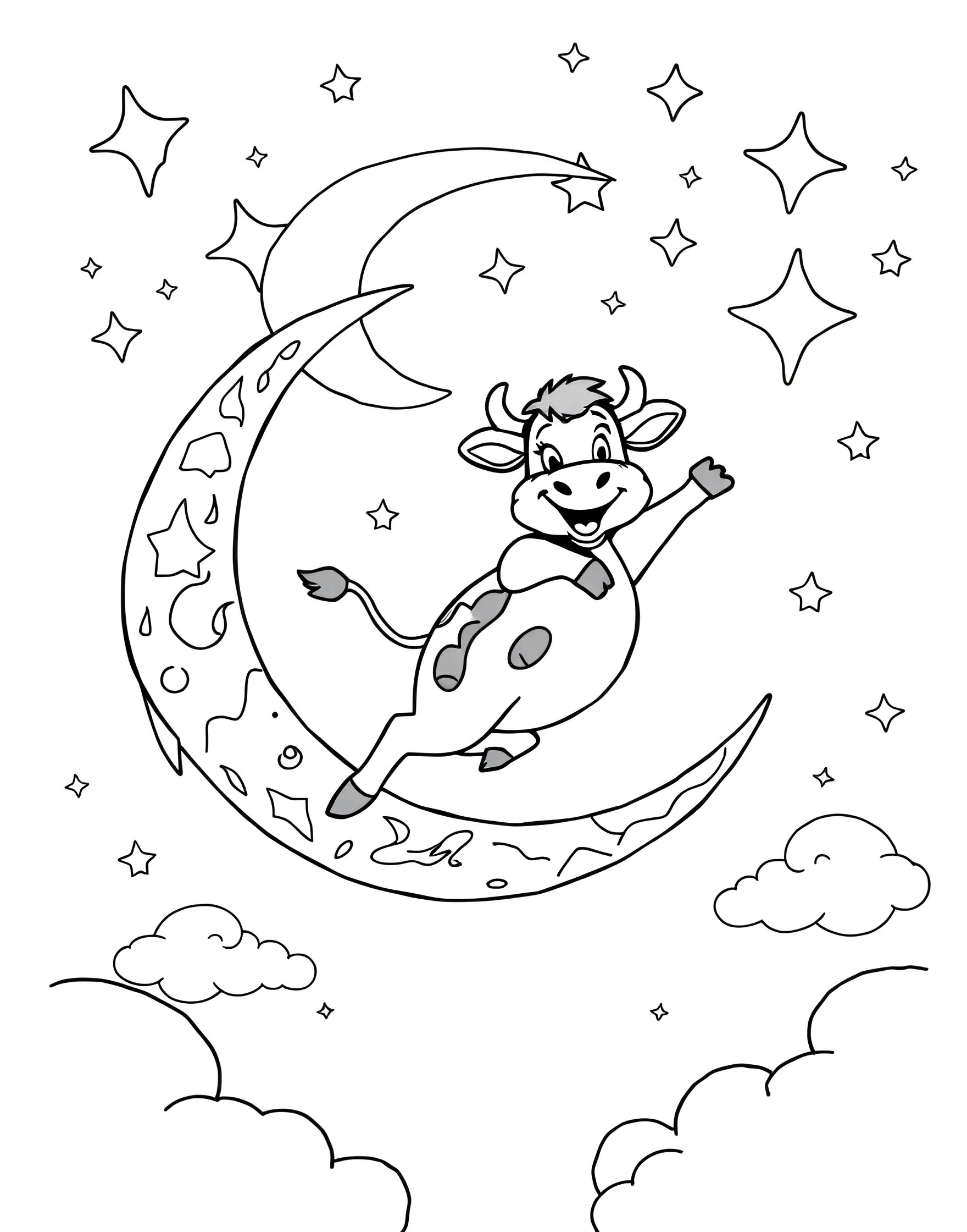 Cow Jumping Over the Moon Coloring Page -- prompt: "A cartoon cow jumping over a crescent moon in a starry night sky." -- This enchanting coloring page brings a beloved nursery rhyme to life. It features a cheerful cow leaping gracefully over a smiling crescent moon, set against a starry night sky. Children will love adding their own magical touch to this whimsical scene, perfect for bedtime story illustrations.