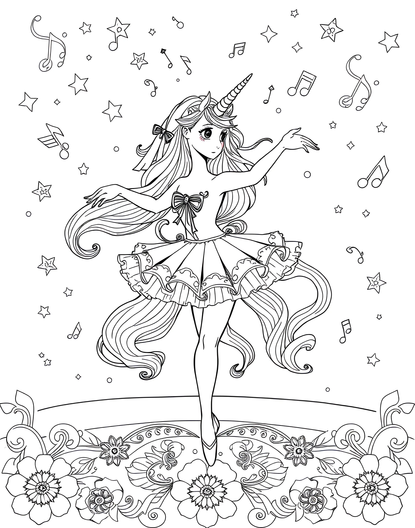 Unicorn Ballerina Coloring Page -- prompt: "A unicorn dressed as a ballerina, standing en pointe and wearing a tutu." -- Pirouette into a world of grace with this unicorn ballerina coloring sheet. The unicorn is shown en pointe, wearing a tutu and striking a ballet pose. This page is perfect for those who love the elegance of dance combined with the magic of unicorns.