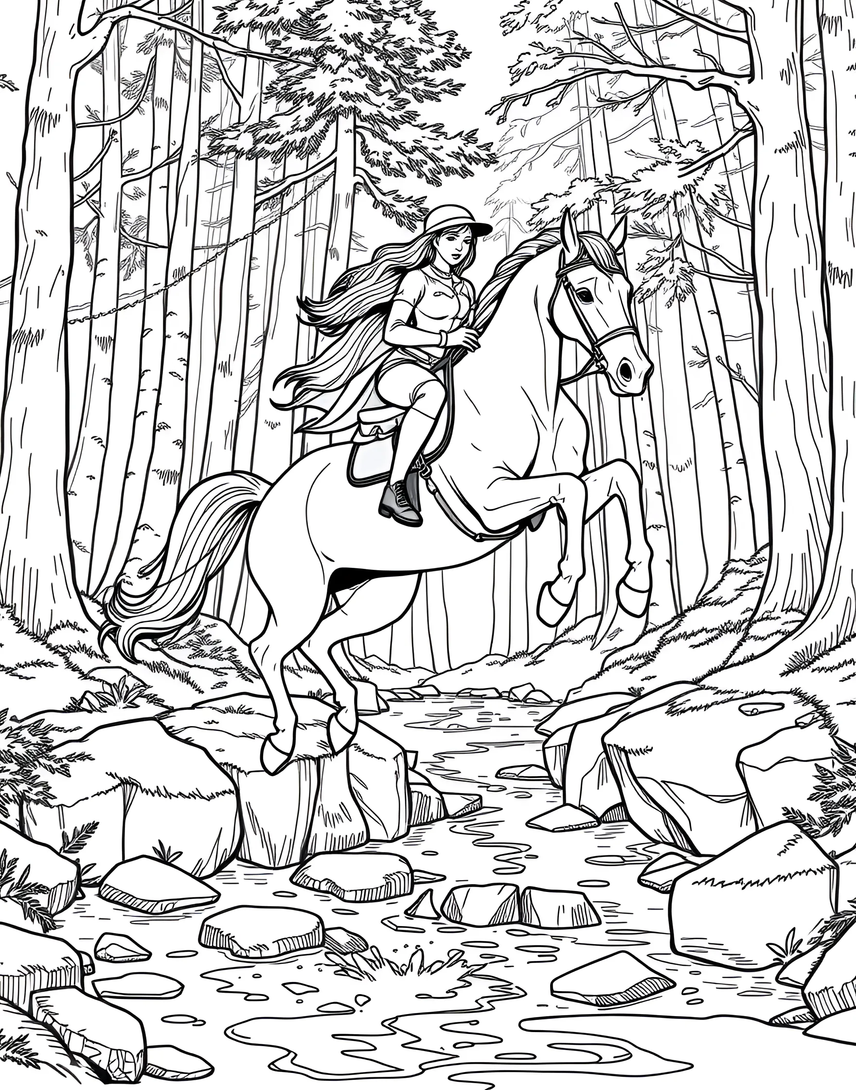 Horse Jumping Over a Creek Coloring Page -- prompt: "A horse and rider jumping over a small creek in a forest setting with trees and rocks." -- Experience the thrill of trail riding with this dynamic coloring page featuring a horse leaping over a creek. The horse's powerful form is captured mid-jump, showcasing its athleticism and grace. The surrounding forest and bubbling creek create a picturesque natural setting for this exciting scene.