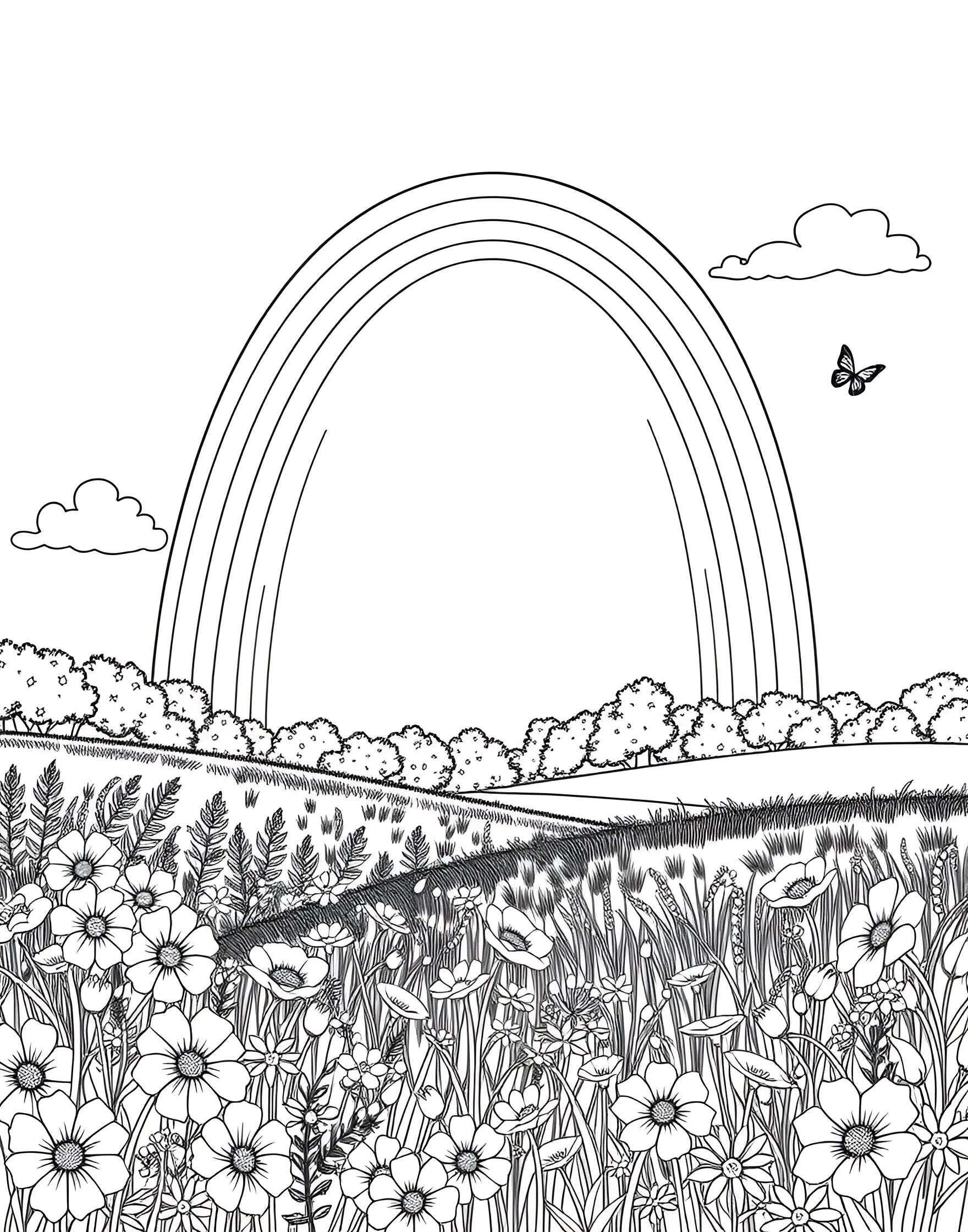 Double Rainbow Over a Meadow Coloring Page -- prompt: "Two concentric rainbow arcs spanning over a flower-filled meadow with trees in the background." -- Experience the wonder of a double rainbow arching over a lush meadow. This detailed scene includes flowers, grass, and a distant tree line. It's a more complex page that offers a rewarding challenge for older children and adults who enjoy intricate designs.