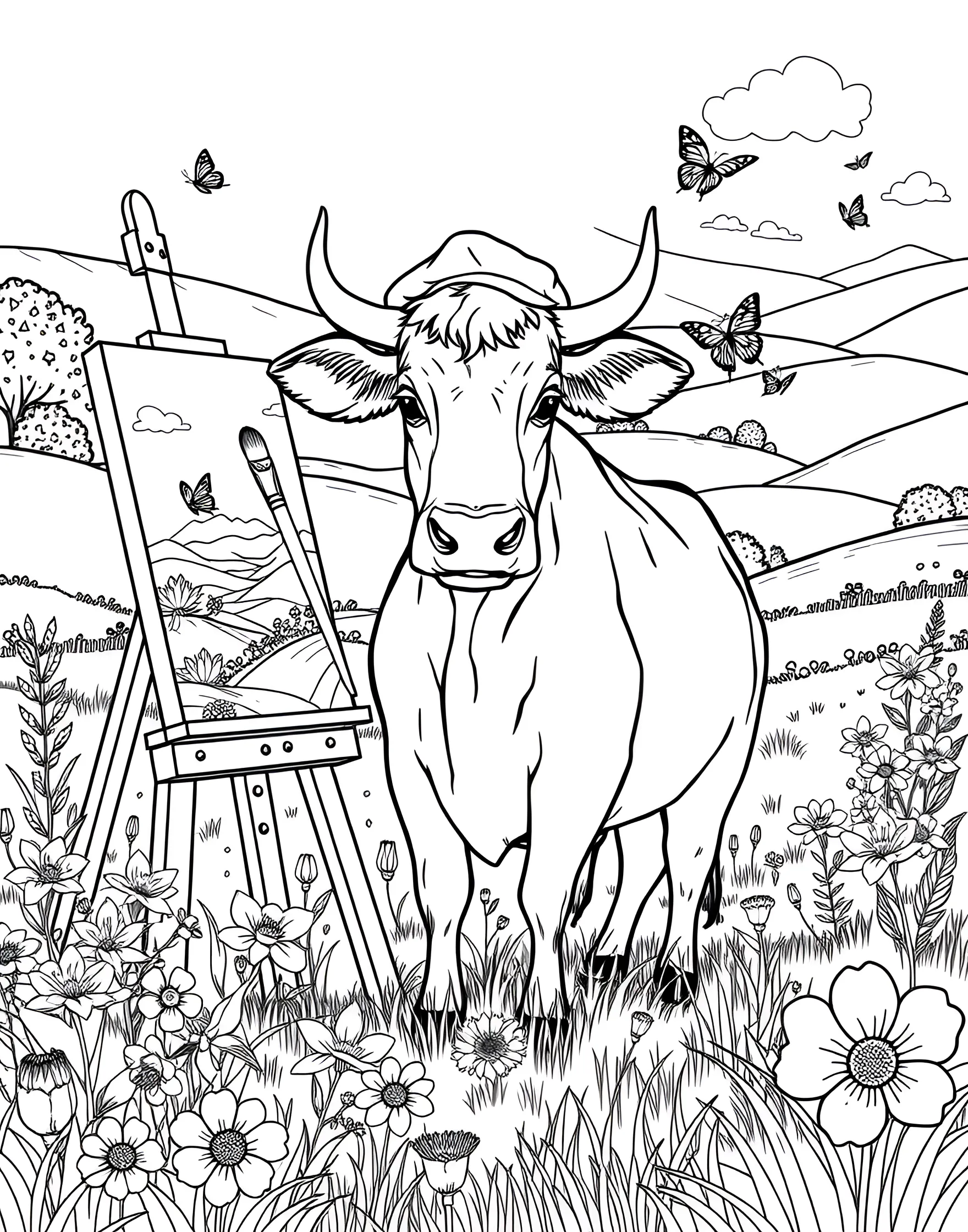 Cow Painting a Picture Coloring Page -- prompt: "A cow standing at an easel painting a picture in a meadow." -- Celebrate creativity with this artistic cow coloring page. The scene shows a cow standing at an easel, paintbrush in hoof, creating a masterpiece. This page encourages children to think about art within art and offers a fun meta-coloring experience.