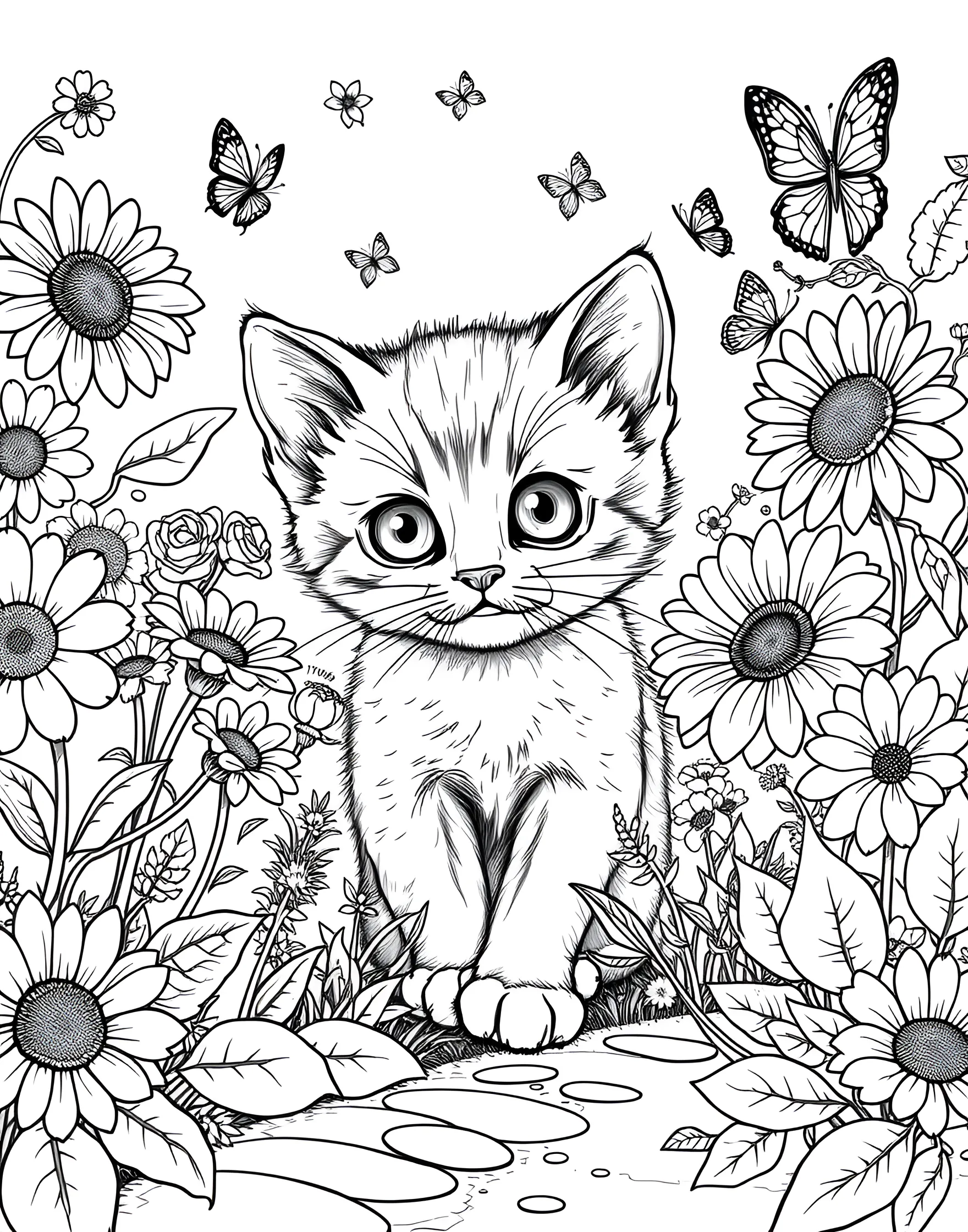 Curious Kitten Exploring a Garden Coloring Page -- prompt: "A kitten exploring a garden filled with flowers, leaves, and butterflies." -- Adventure awaits in this charming coloring page featuring a curious kitten exploring a lush garden. Surrounded by flowers, butterflies, and leaves, the kitten's wide-eyed wonder is beautifully captured. It's an excellent choice for nature lovers and those who enjoy detailed scenes.