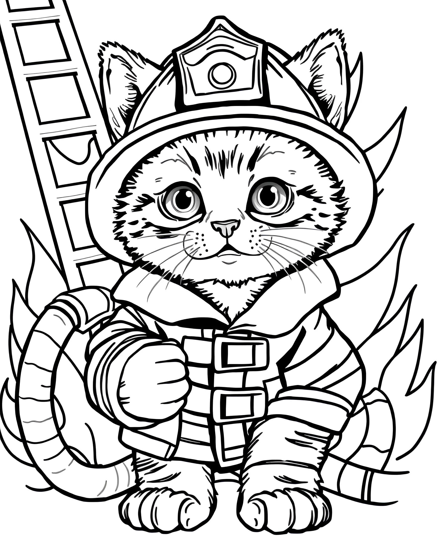 Kitten Firefighter to the Rescue Coloring Page -- prompt: "A kitten wearing a firefighter helmet and jacket, looking brave and determined." -- Honor our brave firefighters with this heroic kitten coloring page. A determined kitten is shown wearing a firefighter helmet and jacket, ready to save the day. This page is great for inspiring young minds and celebrating everyday heroes.