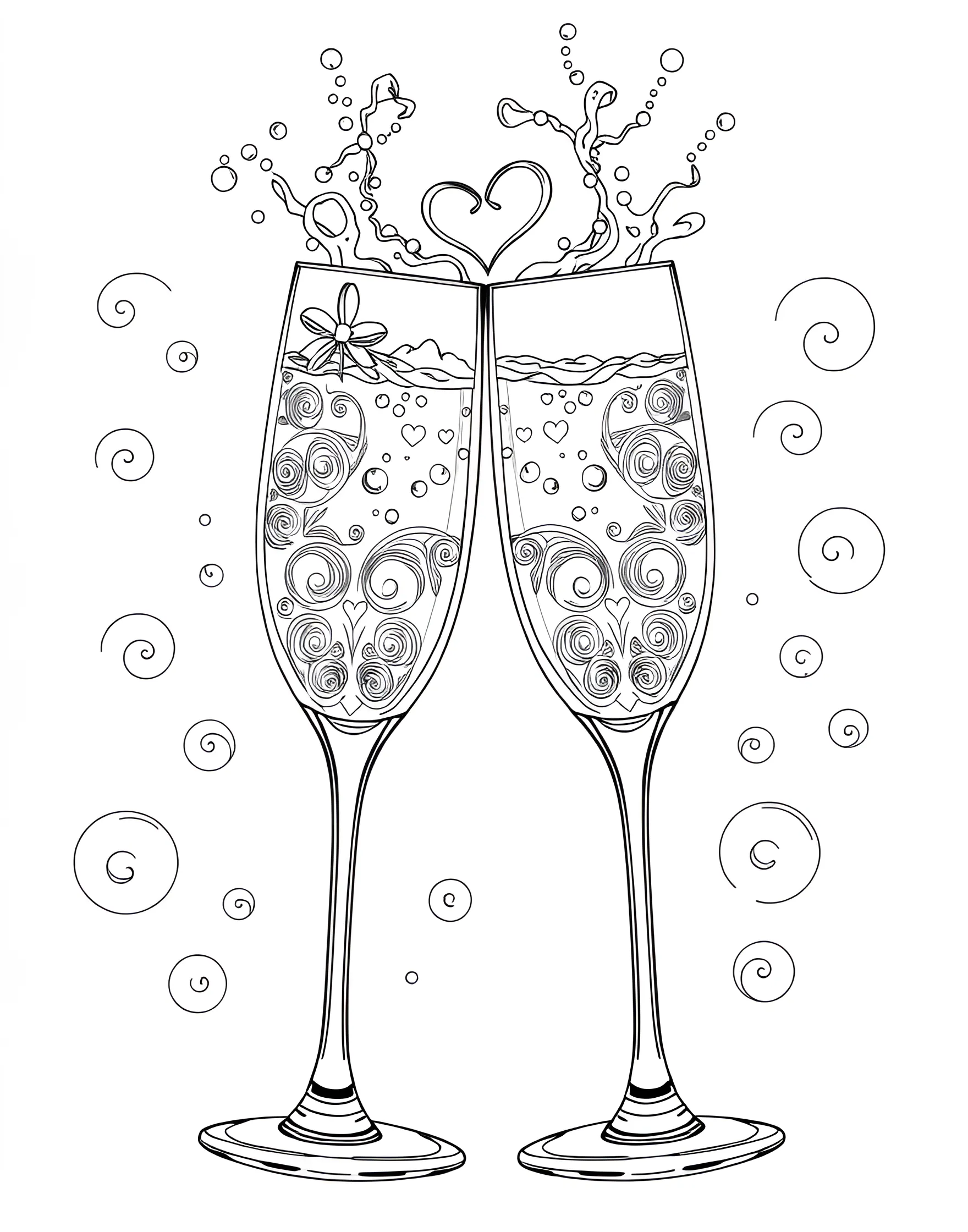 Champagne Toast Coloring Page -- prompt: "Two champagne flutes clinking together in a toast, with bubbles and splashes." -- Raise a glass with this festive champagne toast coloring page. Two flutes clink together, their bubbly contents spilling over slightly. The background hints at a celebratory atmosphere, perfect for adding your own colorful touches.