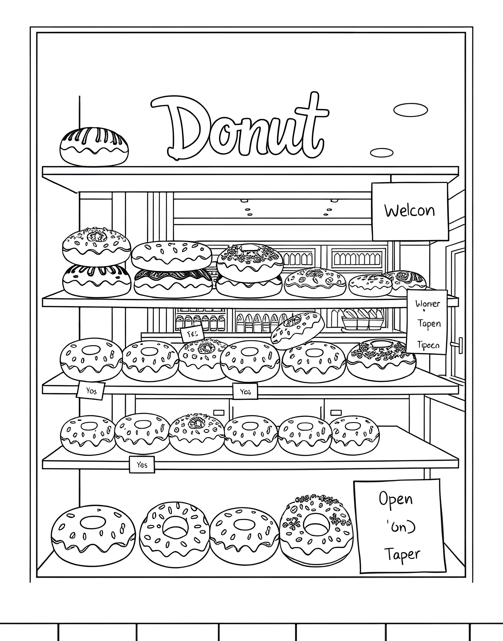 Donut Shop Window Display Coloring Page -- prompt: "A colorful donut shop window display showcasing various types of donuts on shelves." -- Step into a world of sugary delights with this charming donut shop window display coloring page. The scene features an array of tempting donuts arranged on shelves, each with its own unique shape and topping. From classic glazed rings to frosted beauties adorned with sprinkles, this page offers a feast for the eyes and a challenge for coloring enthusiasts of all ages.