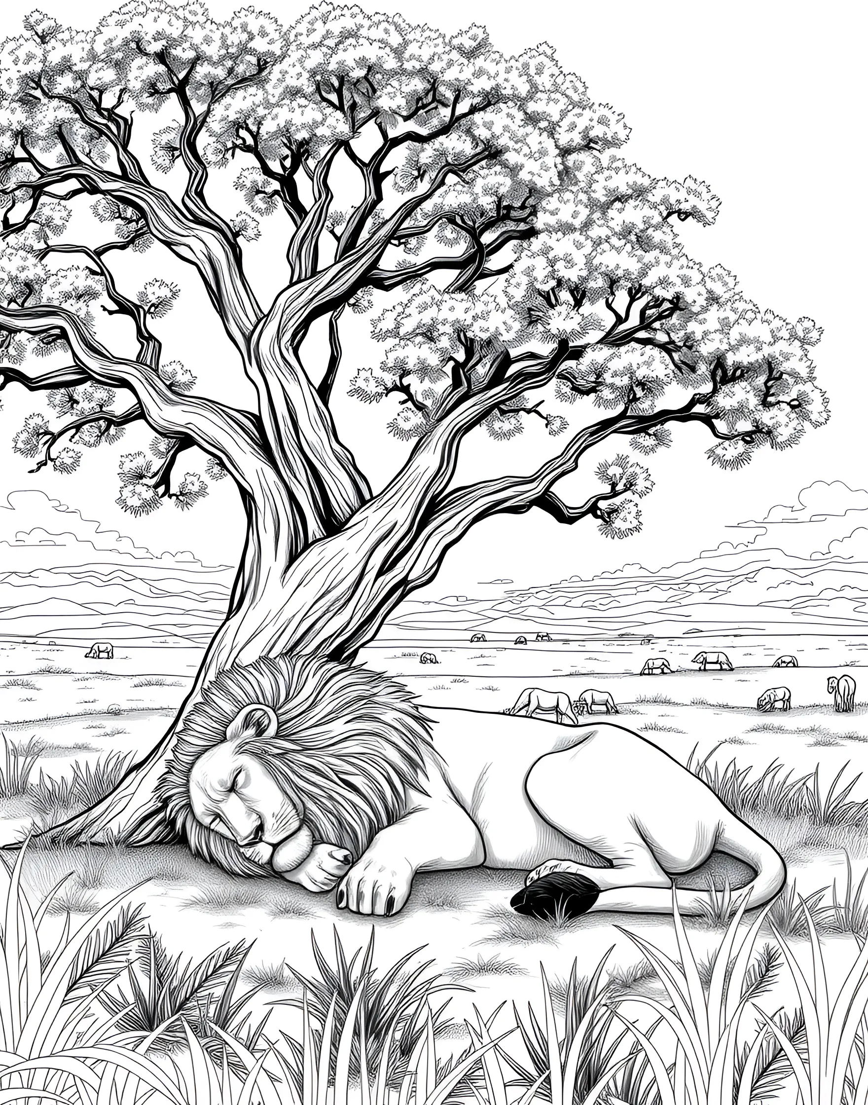 Sleeping Lion in the Shade Coloring Page -- prompt: "A lion sleeping peacefully under the shade of an acacia tree in the African savanna." -- Capture a moment of tranquility with this sleeping lion coloring page. The lion is peacefully resting under the shade of an acacia tree, its mane spread out like a fluffy pillow. This serene scene is perfect for creating a calm, soothing coloring experience.