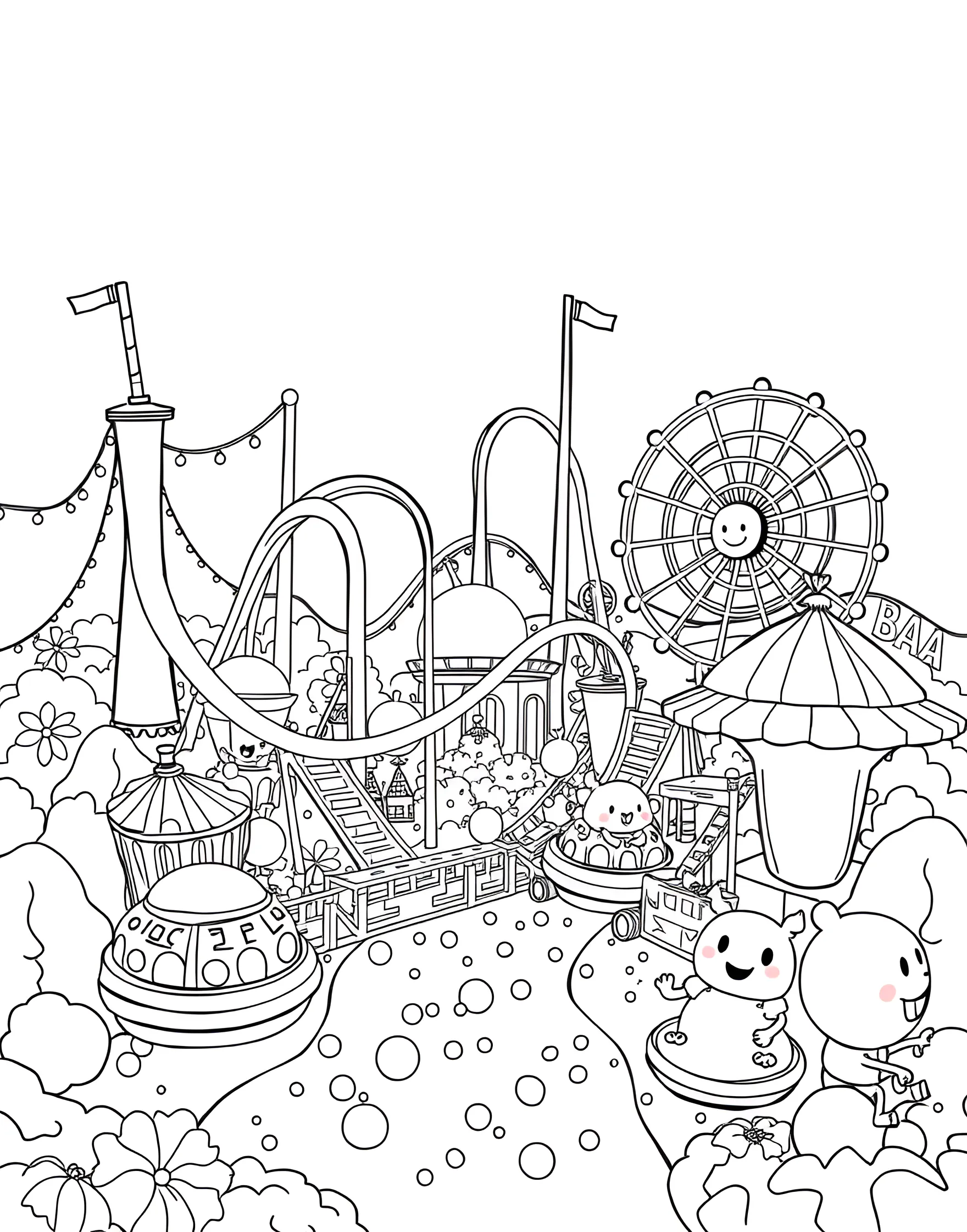 Boba Drink Amusement Park Coloring Page -- prompt: "An amusement park with boba-themed rides and attractions, including a straw-shaped roller coaster and boba cup Ferris wheel." -- Experience the thrill of a boba-themed amusement park with this exciting coloring page. The page features roller coasters shaped like giant straws, a Ferris wheel made of boba cups, and carnival games with boba prizes. It's a fantastical celebration of all things boba.