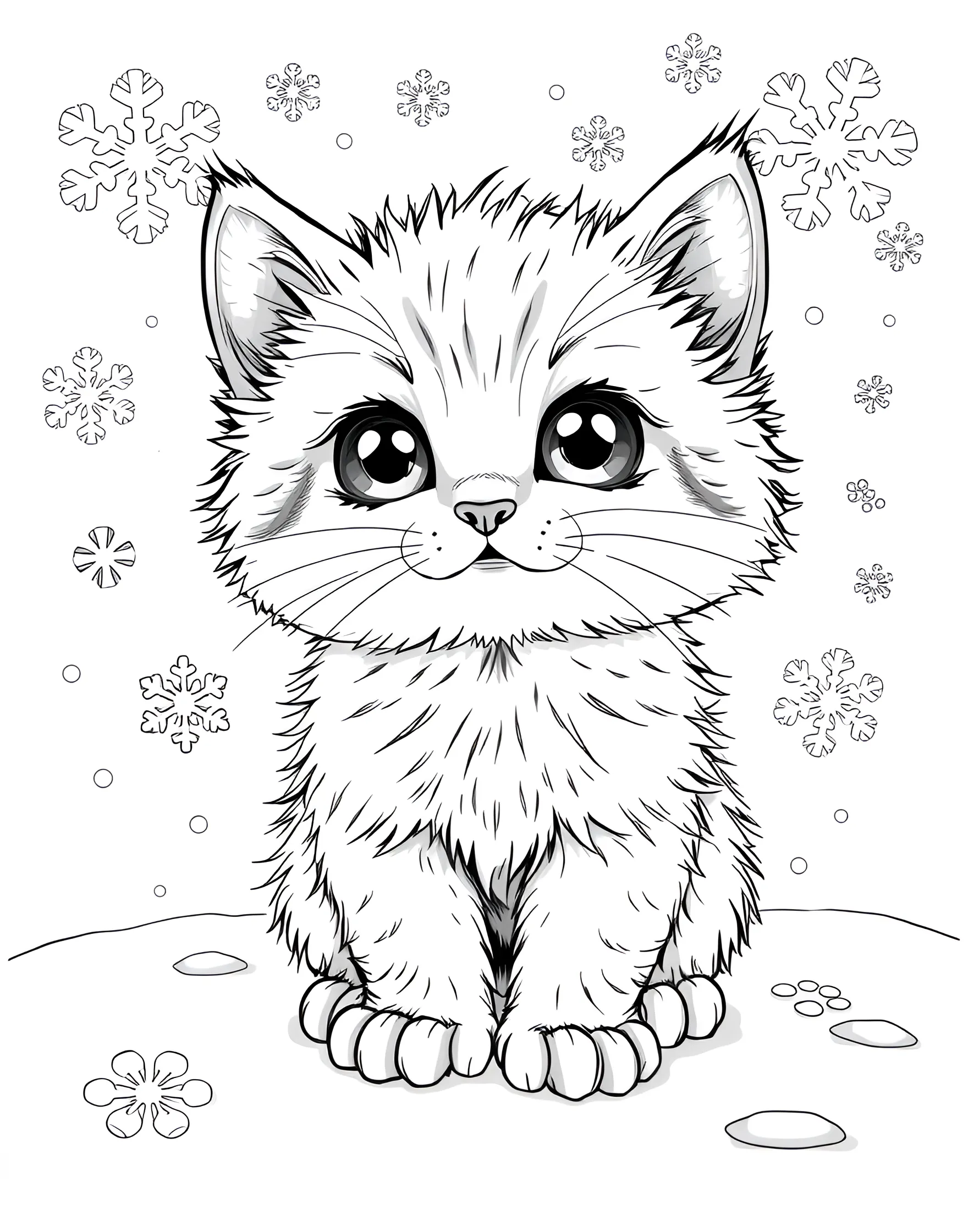 Kitten's First Snow Day Coloring Page -- prompt: "A kitten playing in falling snow, pawing at snowflakes with wonder." -- Experience the wonder of a kitten's first snowfall with this enchanting coloring page. A small kitten is shown pawing at falling snowflakes, its eyes wide with amazement. This page beautifully captures the magic and excitement of discovering snow for the first time.