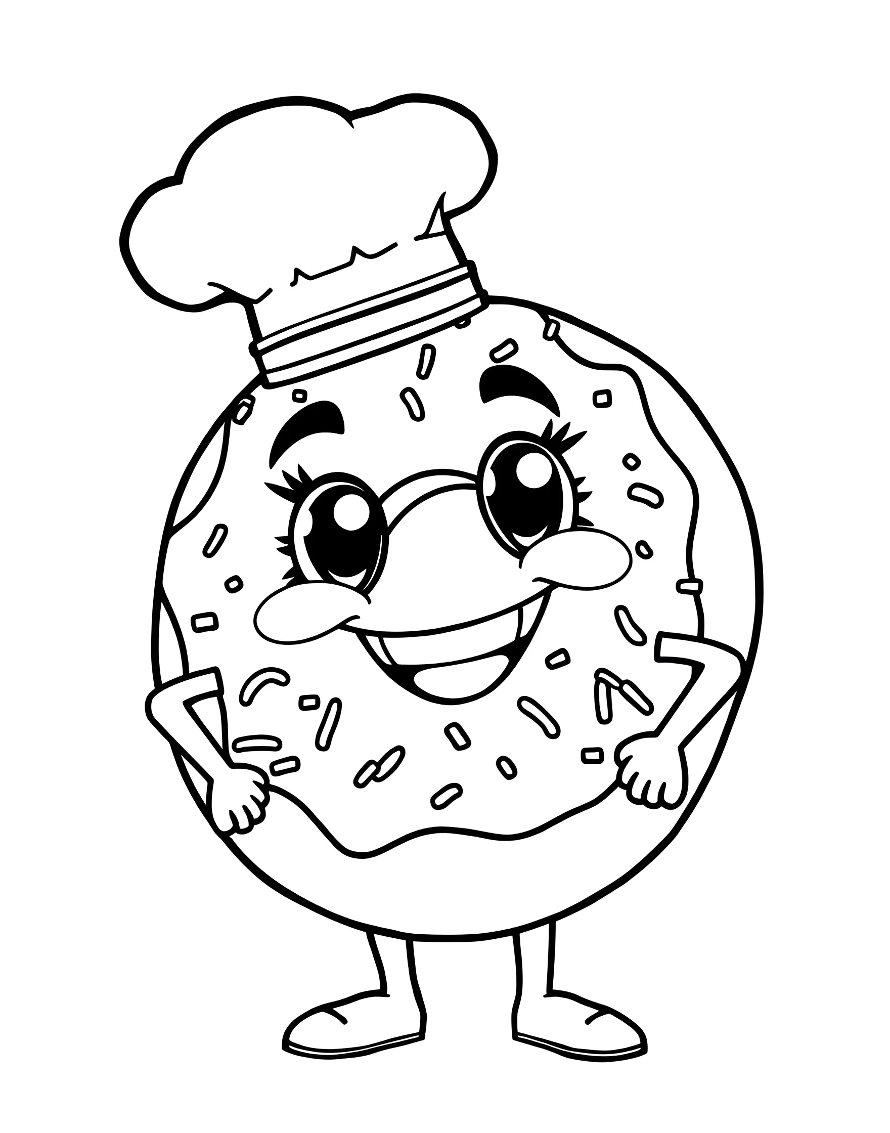 Donut Mascot Character Coloring Page -- prompt: "A smiling cartoon donut character with arms and legs, wearing a chef's hat." -- Bring a cheerful donut mascot to life with this character coloring page. The anthropomorphic donut sports a big smile, arms, and legs, ready for a colorful adventure. This page is perfect for younger children who enjoy adding personality to their coloring subjects.