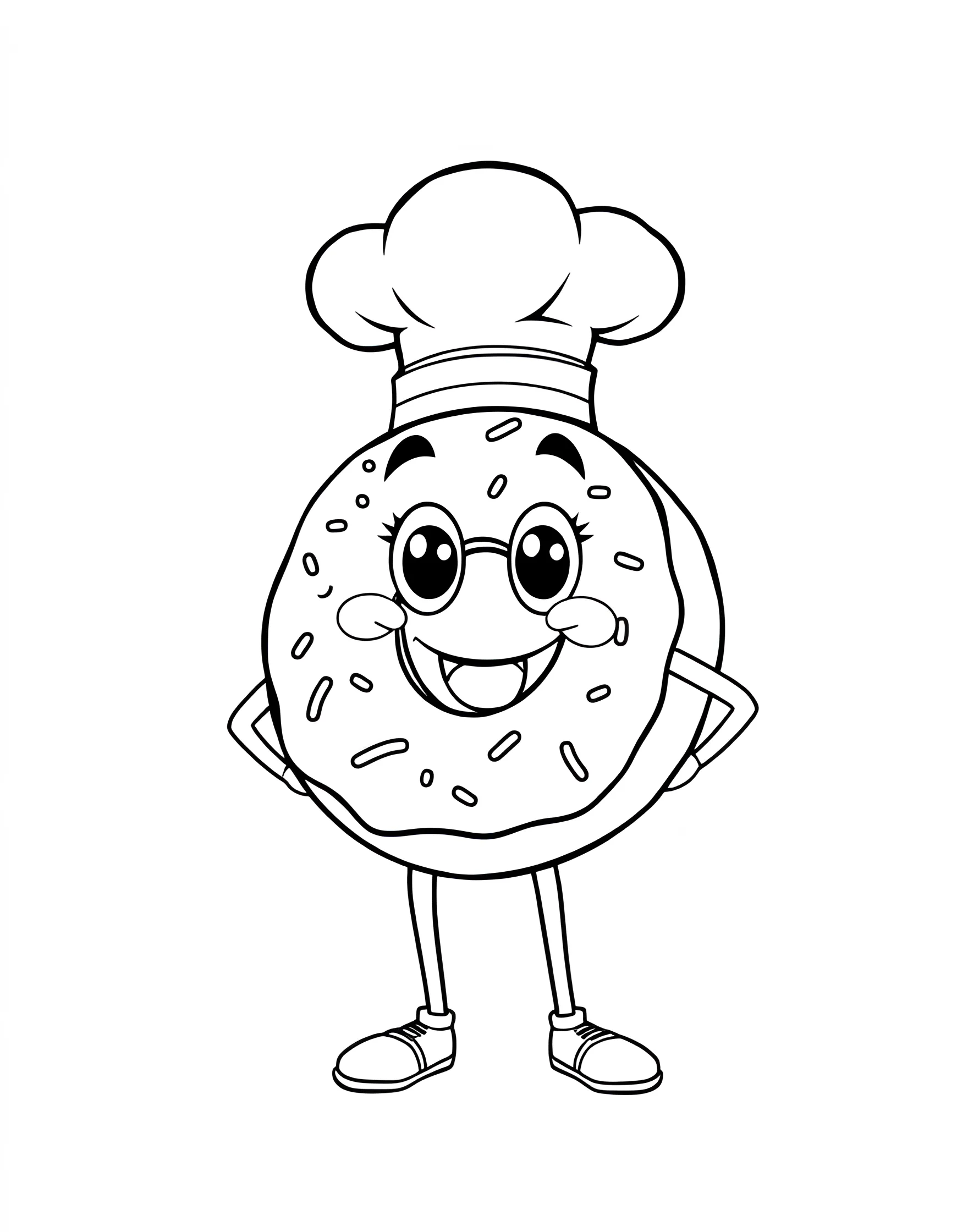 Donut Mascot Character Coloring Page -- prompt: "A smiling cartoon donut character with arms and legs, wearing a chef's hat." -- Bring a cheerful donut mascot to life with this character coloring page. The anthropomorphic donut sports a big smile, arms, and legs, ready for a colorful adventure. This page is perfect for younger children who enjoy adding personality to their coloring subjects.