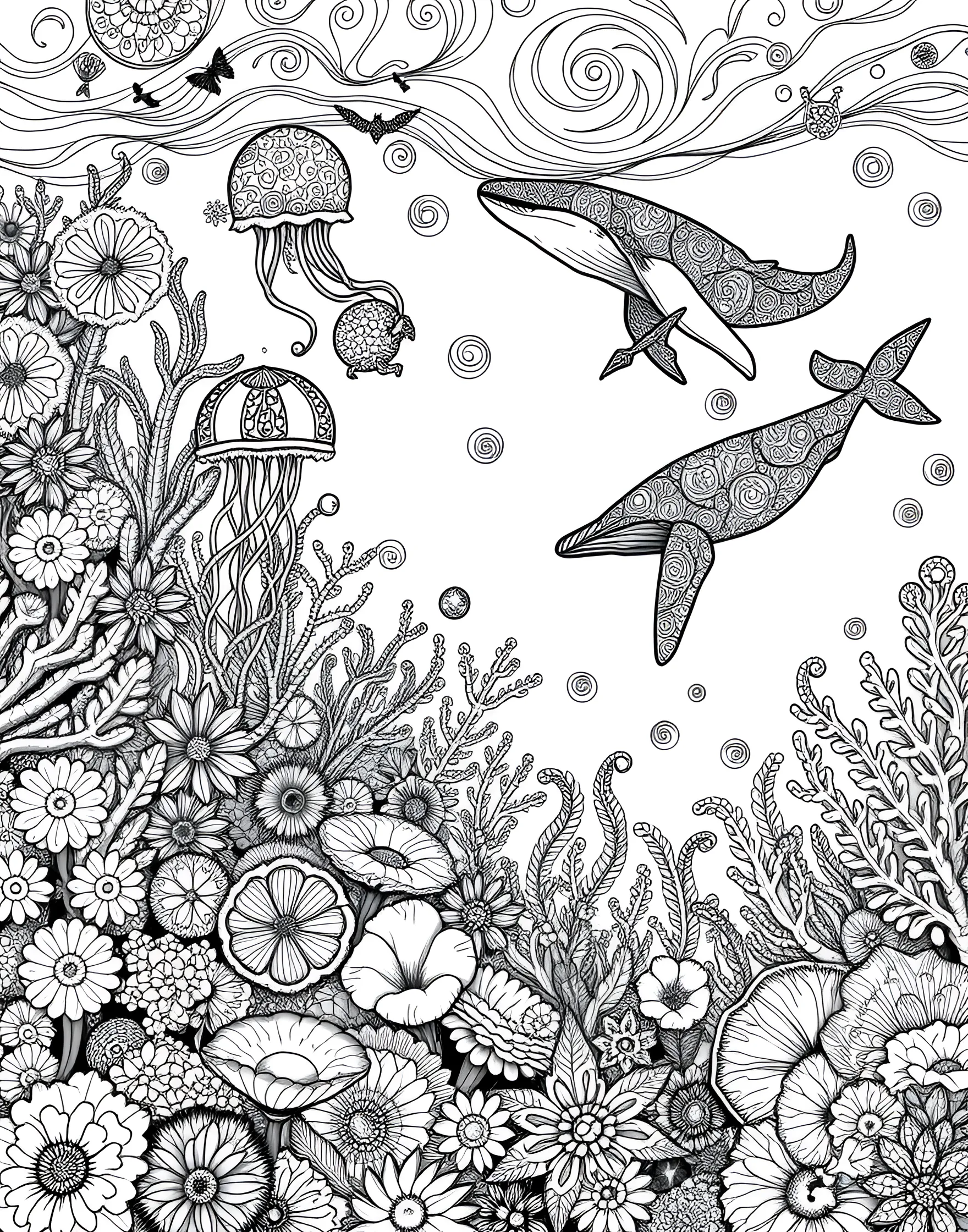 Zentangle Inspired Sea Life Coloring Page -- prompt: "An underwater scene featuring various sea creatures filled with intricate Zentangle-inspired patterns, suitable for adult coloring." -- Explore the wonders of the ocean through this Zentangle-inspired sea life coloring page. Intricate patterns fill the forms of various marine creatures, creating a stunning underwater scene. This design offers a unique opportunity to blend the meditative aspect of Zentangle with the beauty of marine life.