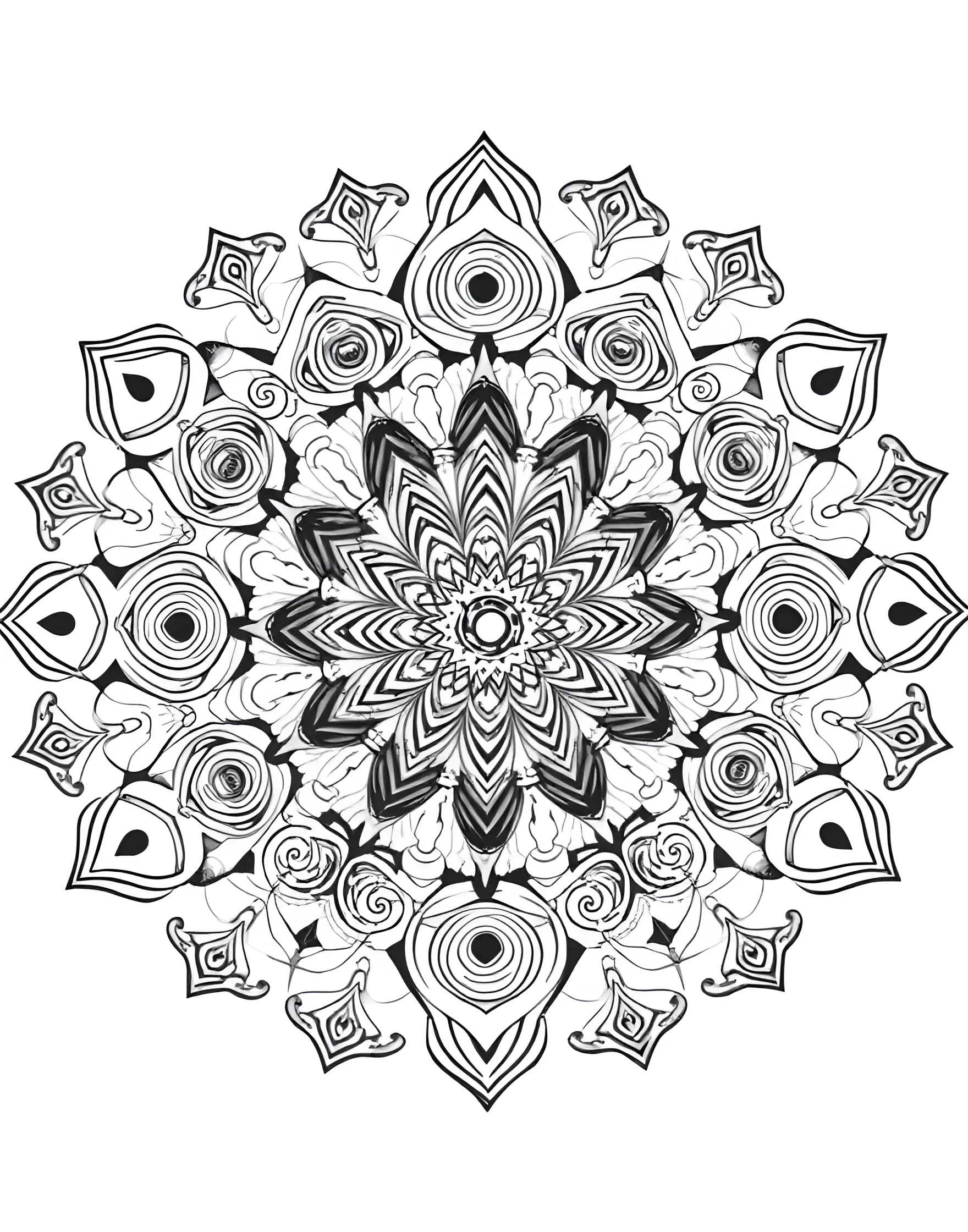 Psychedelic Vision Mandala Coloring Page -- prompt: "A mandala featuring psychedelic elements like swirling patterns, eye motifs, and abstract shapes arranged in a vibrant, circular design." -- Take a trip through vibrant visual landscapes with this psychedelic mandala. Swirling patterns, eye motifs, and abstract shapes create a mind-bending circular design. Let your imagination run wild with bold color choices in this trippy page.