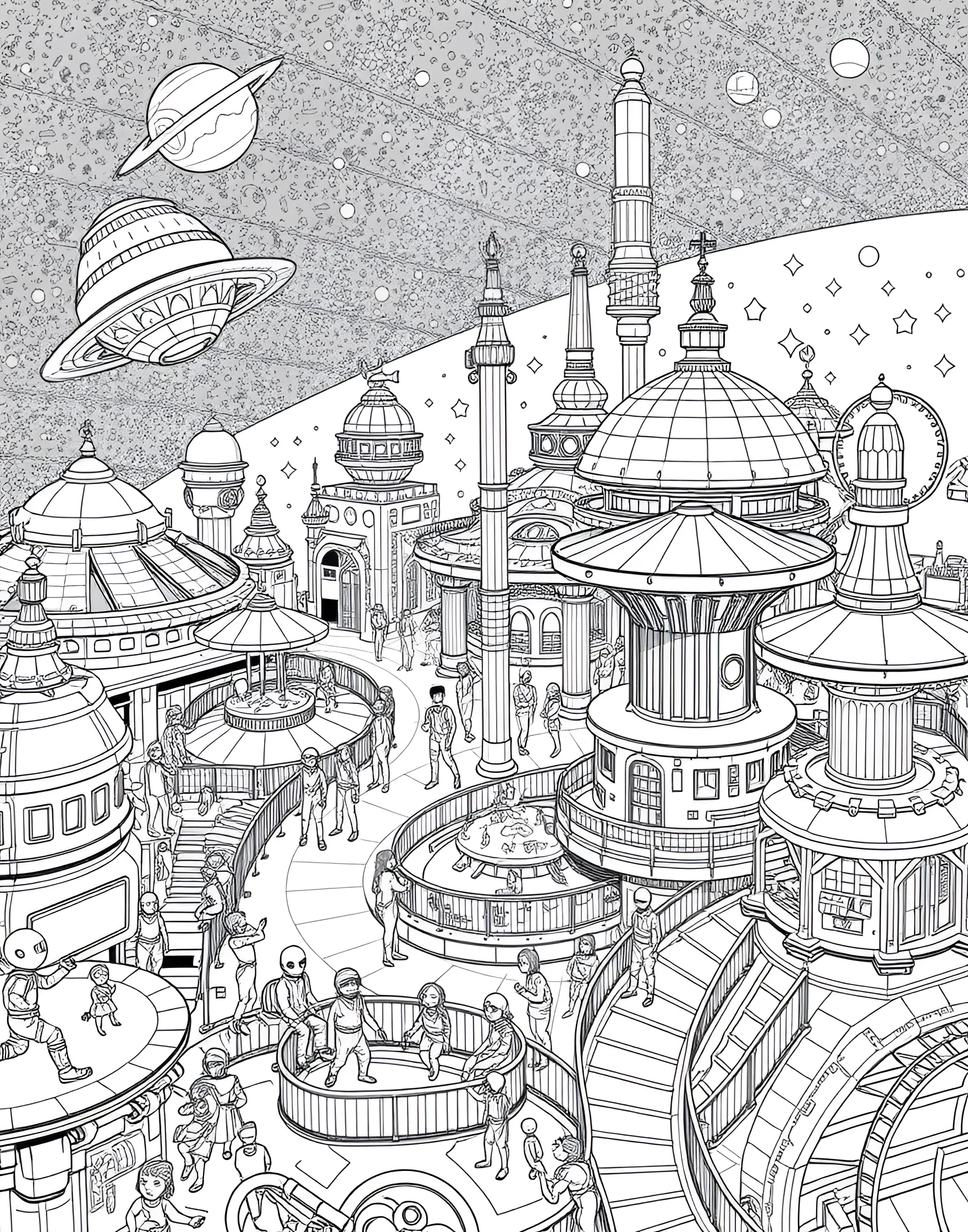 Cosmic Amusement Park Coloring Page -- prompt: "A space station amusement park with gravity-defying rides, alien petting zoos, and visitors of various species enjoying the attractions." -- Experience out-of-this-world fun with this cosmic amusement park coloring page. The space station features gravity-defying rides, alien petting zoos, and holographic game arcades. Visitors of various species enjoy the attractions, creating a vibrant scene of interstellar entertainment.