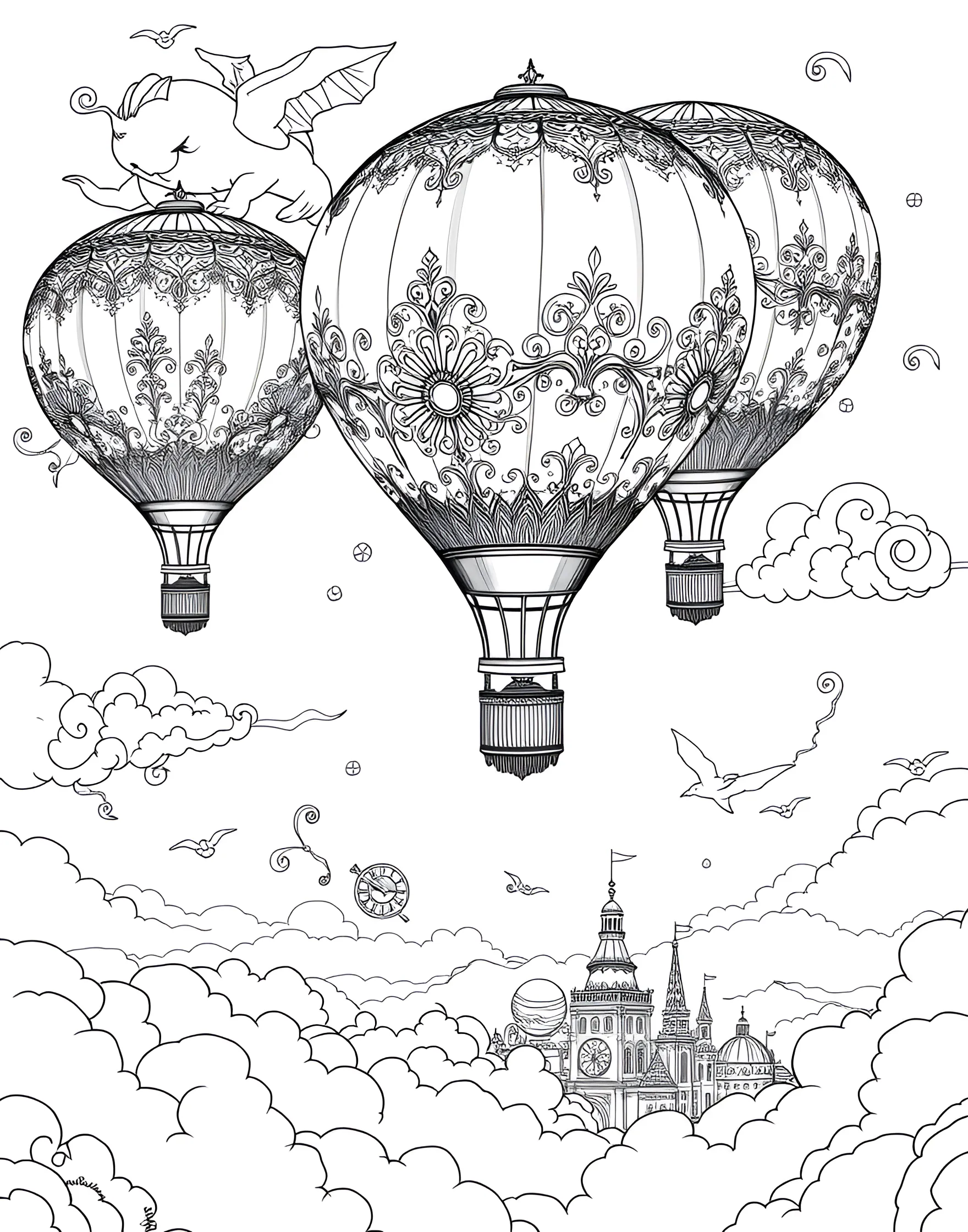 Vintage Hot Air Balloon Adventure Coloring Page -- prompt: "A vintage-style scene featuring elaborately decorated hot air balloons floating in a whimsical skyscape, designed for adult coloring." -- Embark on a whimsical journey with this vintage-inspired hot air balloon coloring page. Elaborately decorated balloons float among clouds and fantastical skyscape elements. This page allows you to explore a dreamy world while appreciating the intricate details of Victorian-era design.