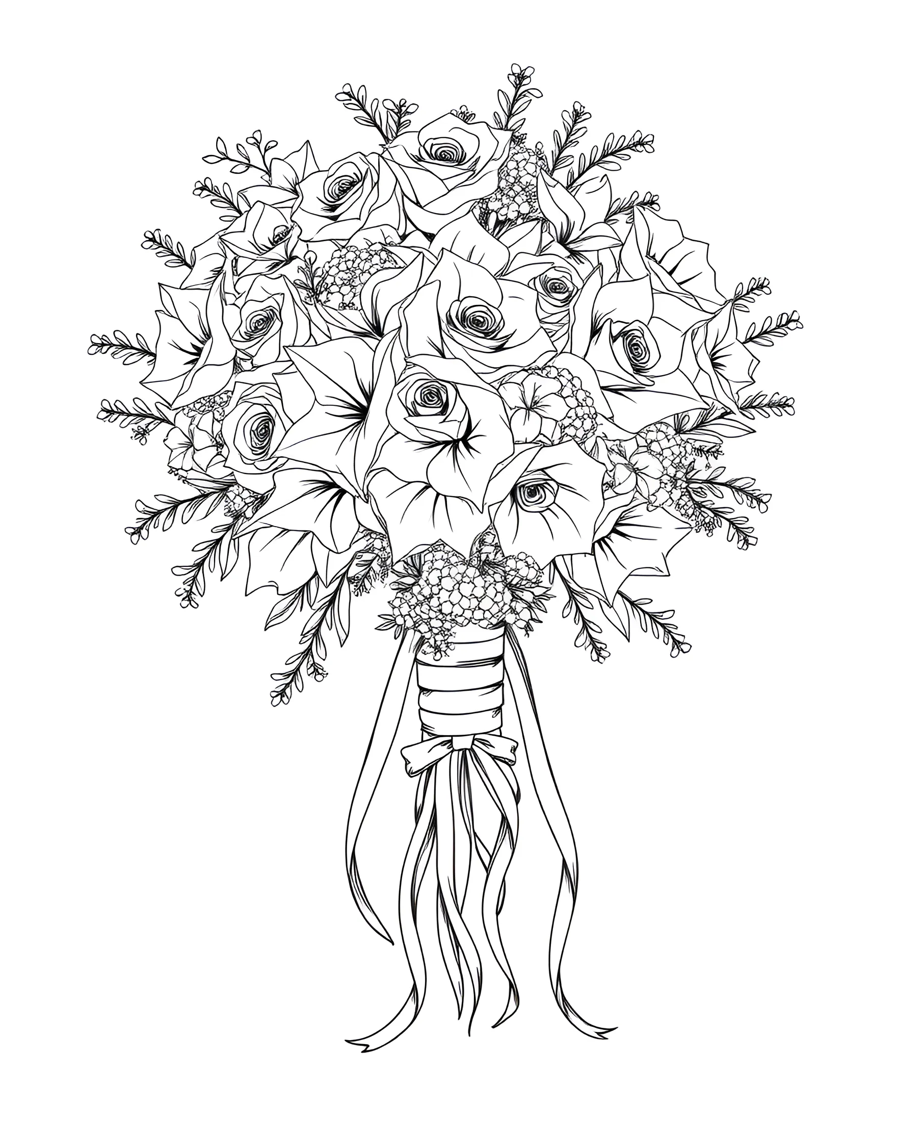 Bridal Bouquet Close-up Coloring Page -- prompt: "A close-up view of a lush bridal bouquet with a variety of flowers and flowing ribbons." -- This coloring page showcases a stunning bridal bouquet in exquisite detail. Various flowers like roses, lilies, and baby's breath are artfully arranged, allowing for creative color combinations. Ribbons cascade from the bouquet, adding movement and grace to the composition.