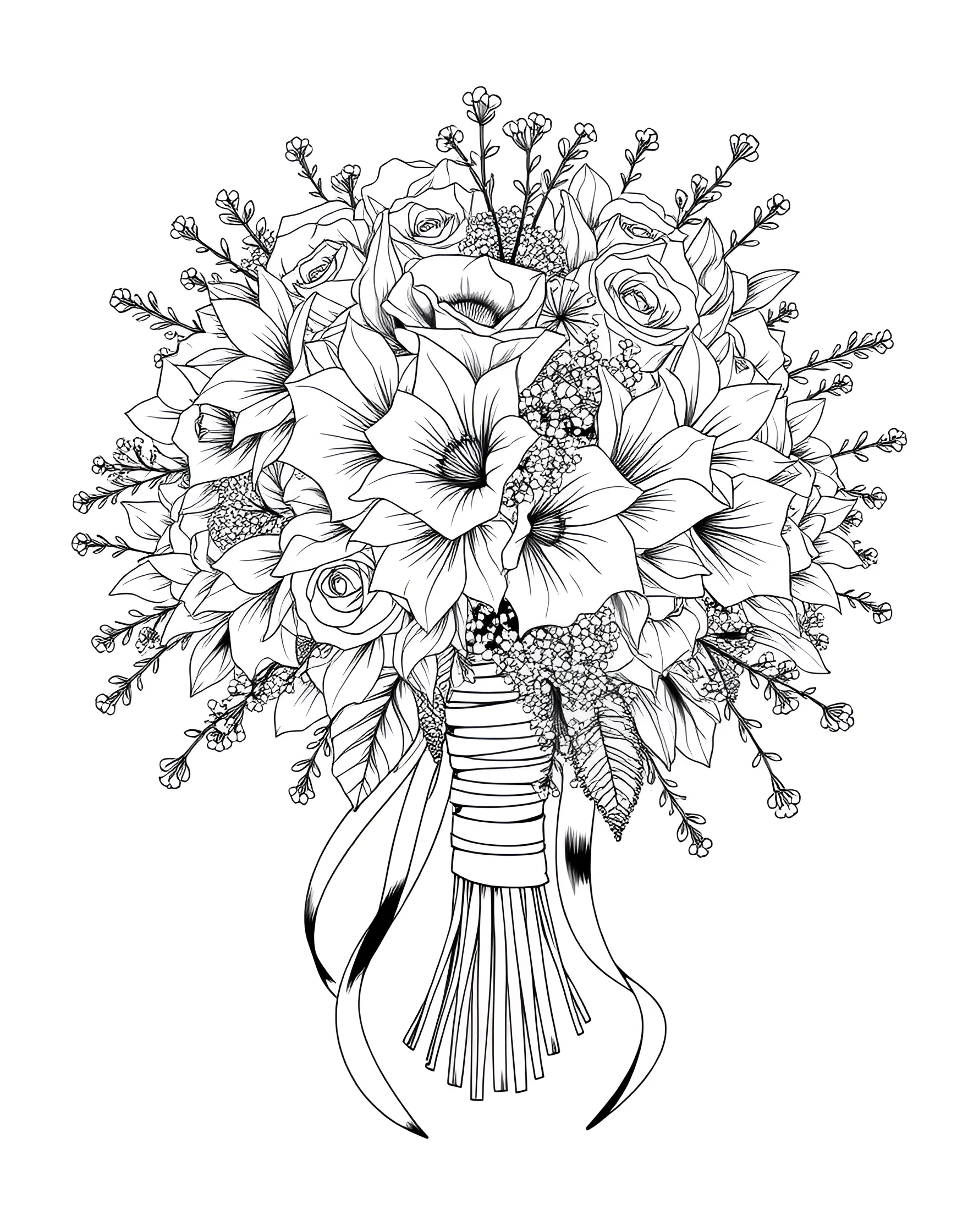 Bridal Bouquet Close-up Coloring Page -- prompt: "A close-up view of a lush bridal bouquet with a variety of flowers and flowing ribbons." -- This coloring page showcases a stunning bridal bouquet in exquisite detail. Various flowers like roses, lilies, and baby's breath are artfully arranged, allowing for creative color combinations. Ribbons cascade from the bouquet, adding movement and grace to the composition.