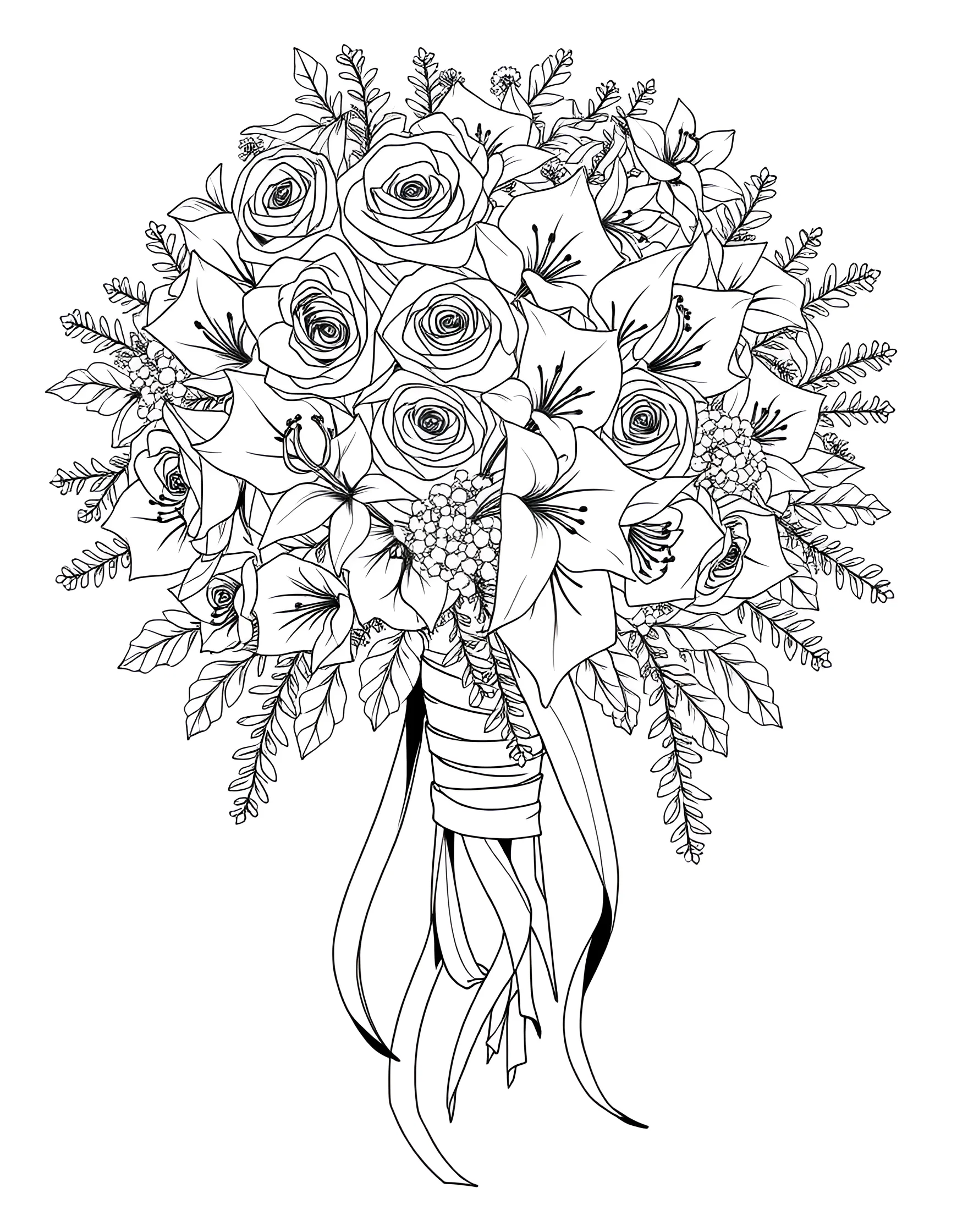 Bridal Bouquet Close-up Coloring Page -- prompt: "A close-up view of a lush bridal bouquet with a variety of flowers and flowing ribbons." -- This coloring page showcases a stunning bridal bouquet in exquisite detail. Various flowers like roses, lilies, and baby's breath are artfully arranged, allowing for creative color combinations. Ribbons cascade from the bouquet, adding movement and grace to the composition.