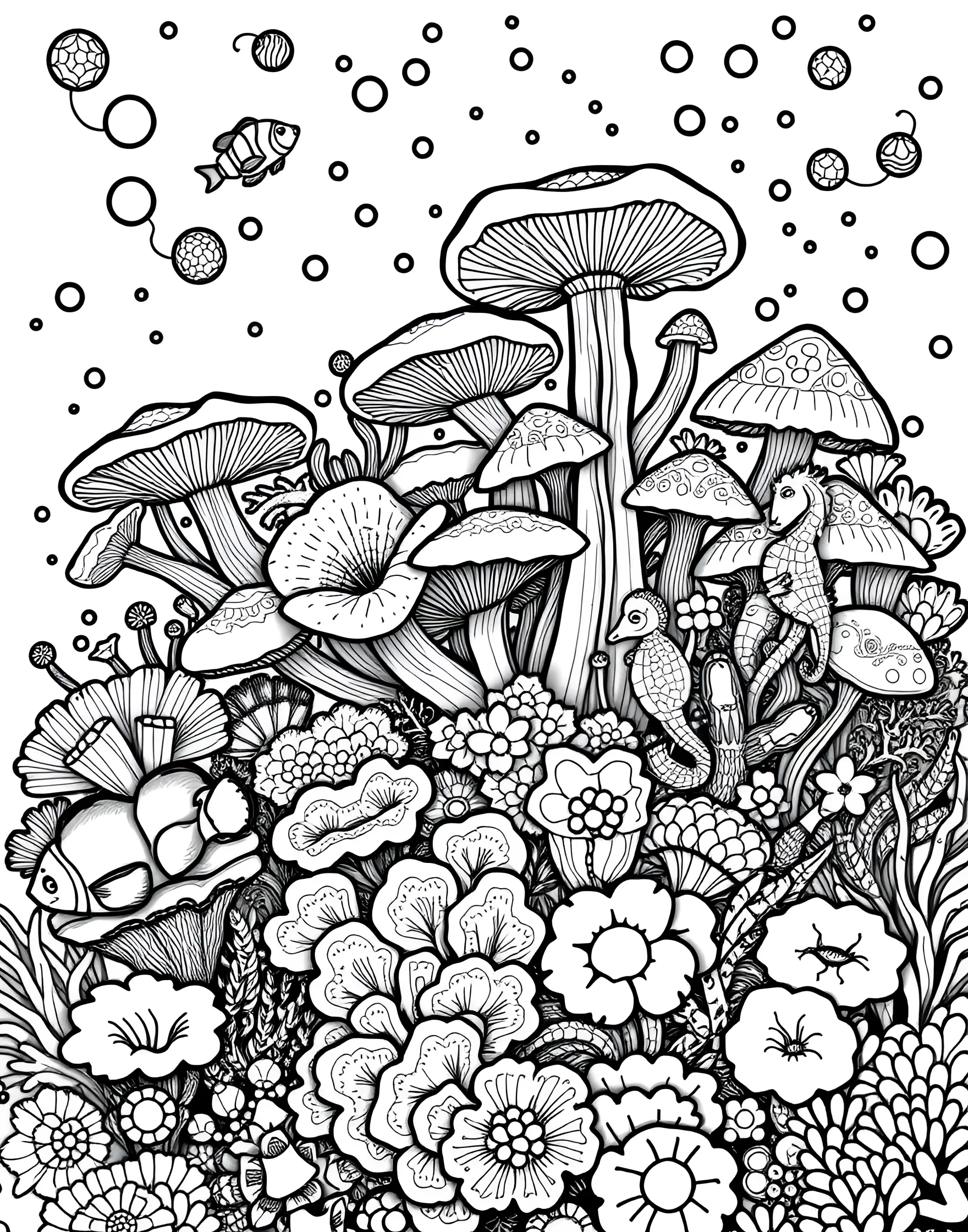 Mushroom Coral Reef Coloring Page -- prompt: "An underwater scene with coral formations shaped like various types of mushrooms, surrounded by fish and sea creatures." -- Dive into an underwater fantasy with this mushroom coral reef coloring page. Mushroom-shaped coral formations create a vibrant seascape, complete with fish and other marine life. This unique take on the mushroom theme allows colorists to explore an imaginative underwater world.