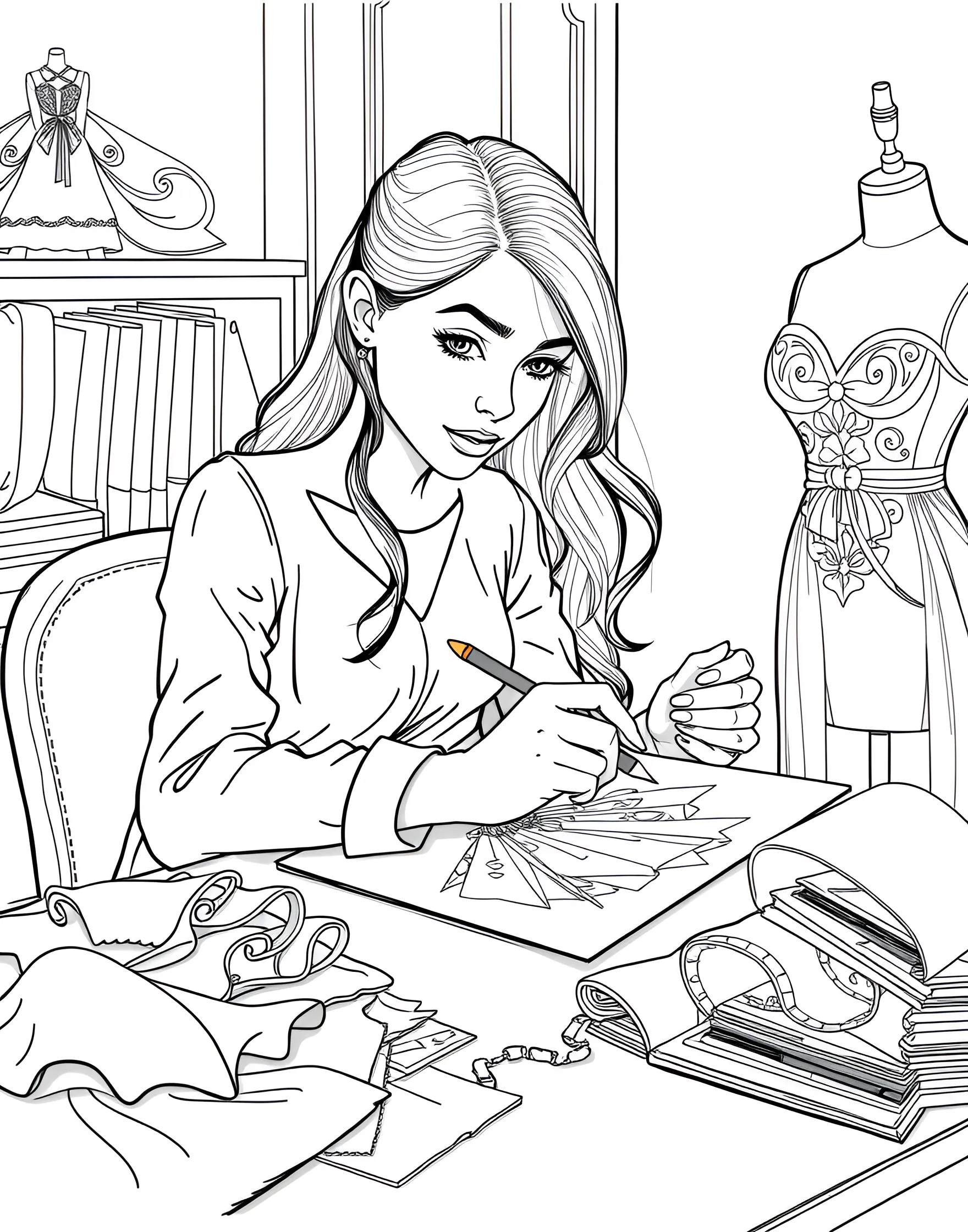 Fashion Designer at Work Coloring Page -- prompt: "A girl fashion designer sketching dress designs at a desk covered in fabric swatches and fashion magazines." -- Inspire budding fashion designers with this creative coloring page. A girl sits at her desk, sketching dress designs with fabric swatches and fashion magazines scattered around. The detailed scene offers numerous elements to color, from the intricate dress designs to the art supplies on the desk.