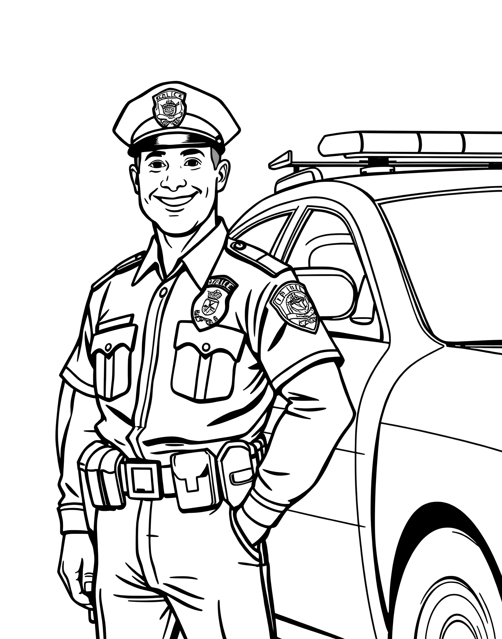 Police Car Coloring Page with Officer -- prompt: "A smiling police officer standing next to a parked police car, waving." -- This page features not just a police car, but also a friendly officer standing beside it. The officer is smiling and waving, showcasing the approachable side of law enforcement. It's a great opportunity to color both the car and the officer's uniform.