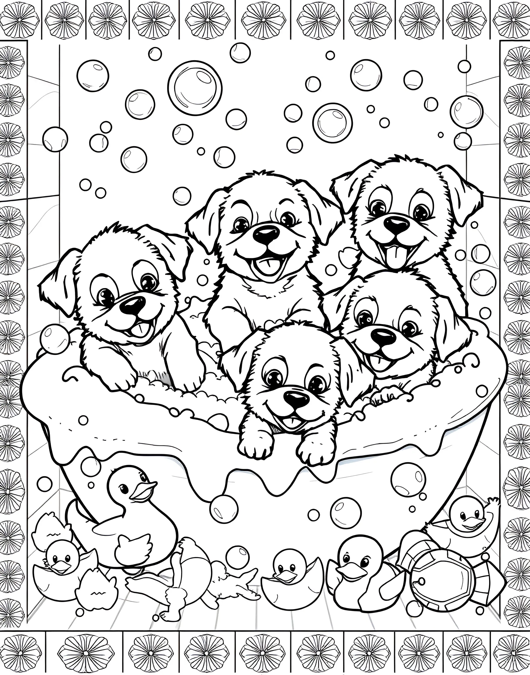 Puppy's Bubble Bath Bonanza Coloring Page -- prompt: "Cute puppies playing in a bubble bath with rubber ducks and bath toys." -- Get ready for some sudsy fun with this adorable coloring page featuring puppies taking a bubble bath. The scene shows a group of playful puppies in a large bathtub, surrounded by bubbles, rubber ducks, and bath toys. It's a joyful and cute depiction of bathtime that's sure to bring smiles.