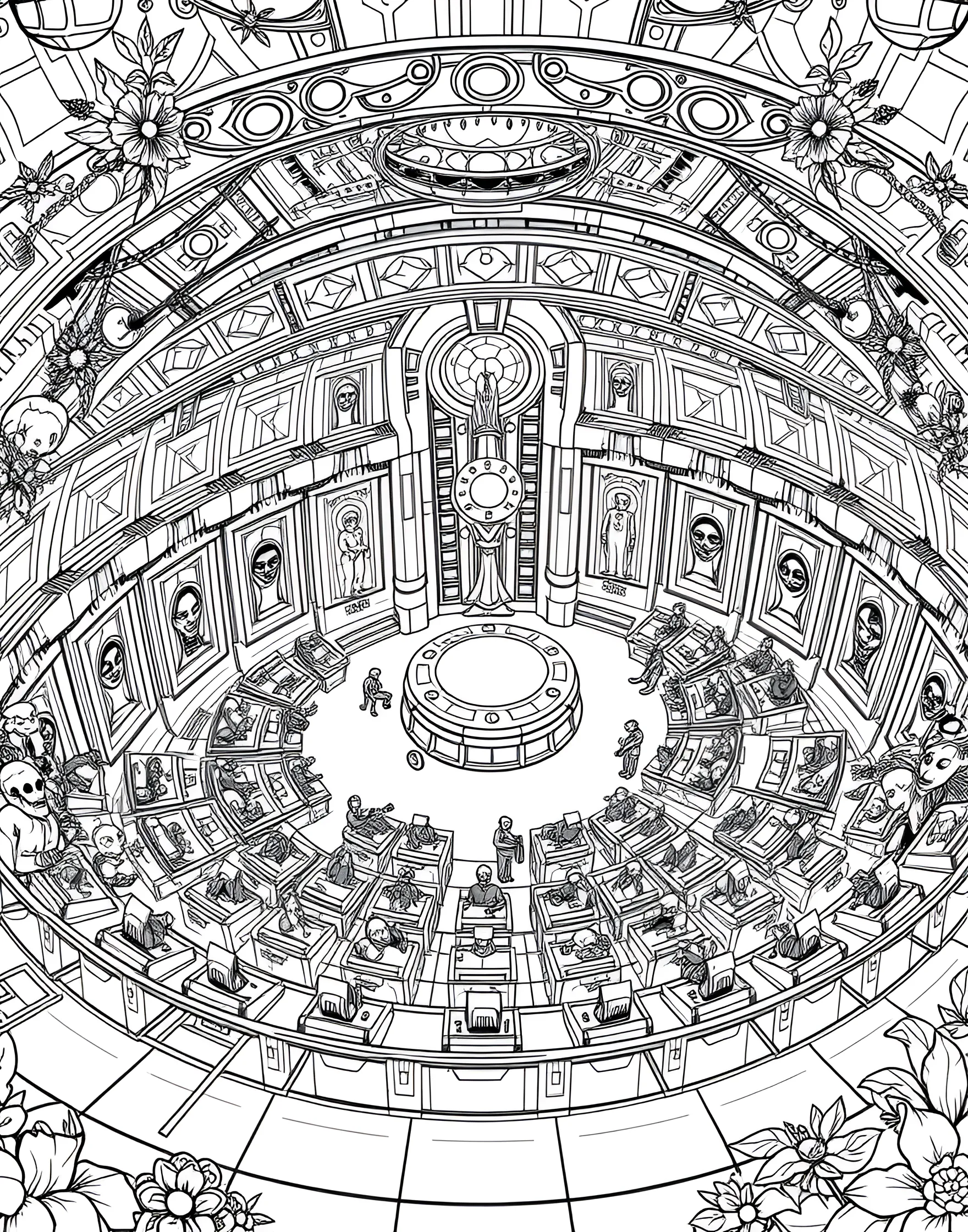 Galactic Senate Assembly Coloring Page -- prompt: "A galactic senate chamber filled with diverse alien representatives in environmental pods, debating cosmic matters." -- Step into interstellar politics with this galactic senate assembly coloring page. The grand chamber is filled with representatives from various alien species, each in their specialized environmental pods. Translators and diplomatic robots facilitate communication as important cosmic matters are debated.