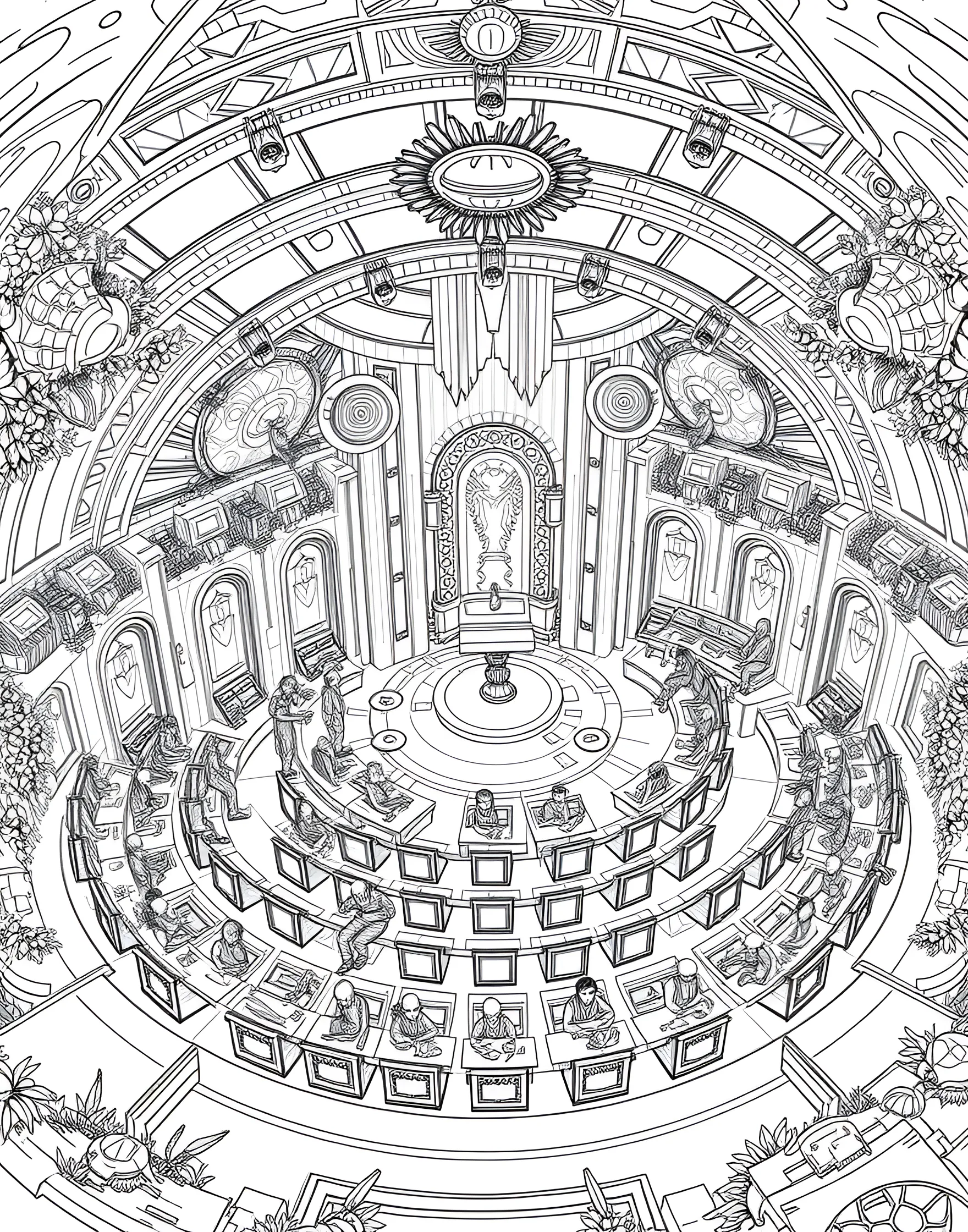 Galactic Senate Assembly Coloring Page -- prompt: "A galactic senate chamber filled with diverse alien representatives in environmental pods, debating cosmic matters." -- Step into interstellar politics with this galactic senate assembly coloring page. The grand chamber is filled with representatives from various alien species, each in their specialized environmental pods. Translators and diplomatic robots facilitate communication as important cosmic matters are debated.